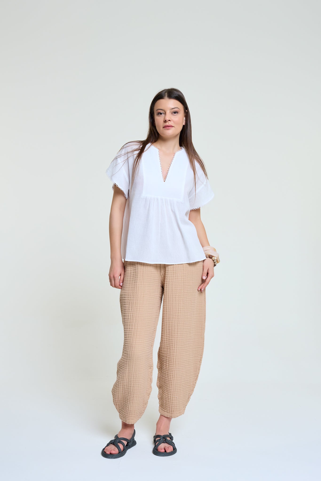 Pera | %100 Pamuk Kalın Müslin Şalvar Pantolon | Bej Renk