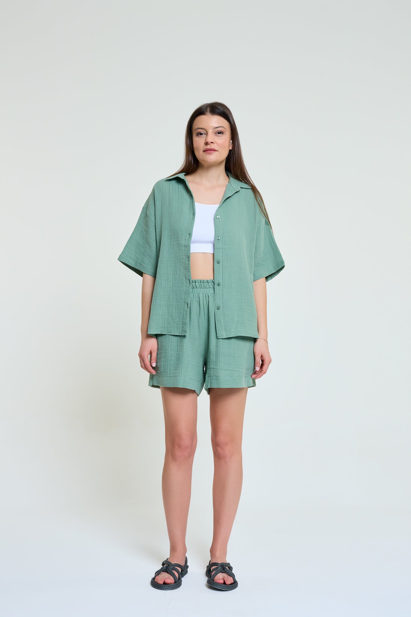 Sandy | %100 Pamuk Müslin Bol Gömlek | Çağla Renk