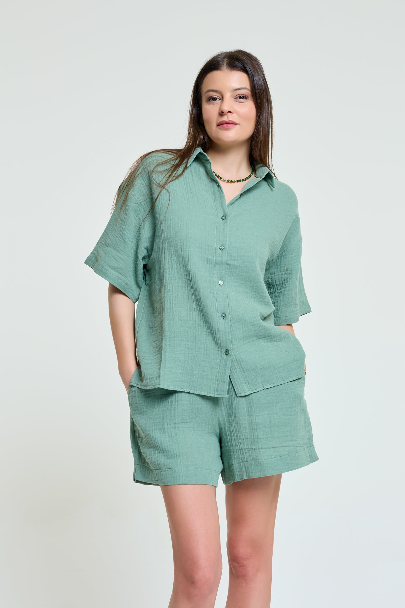 Sandy | %100 Pamuk Müslin Bol Gömlek | Çağla Renk