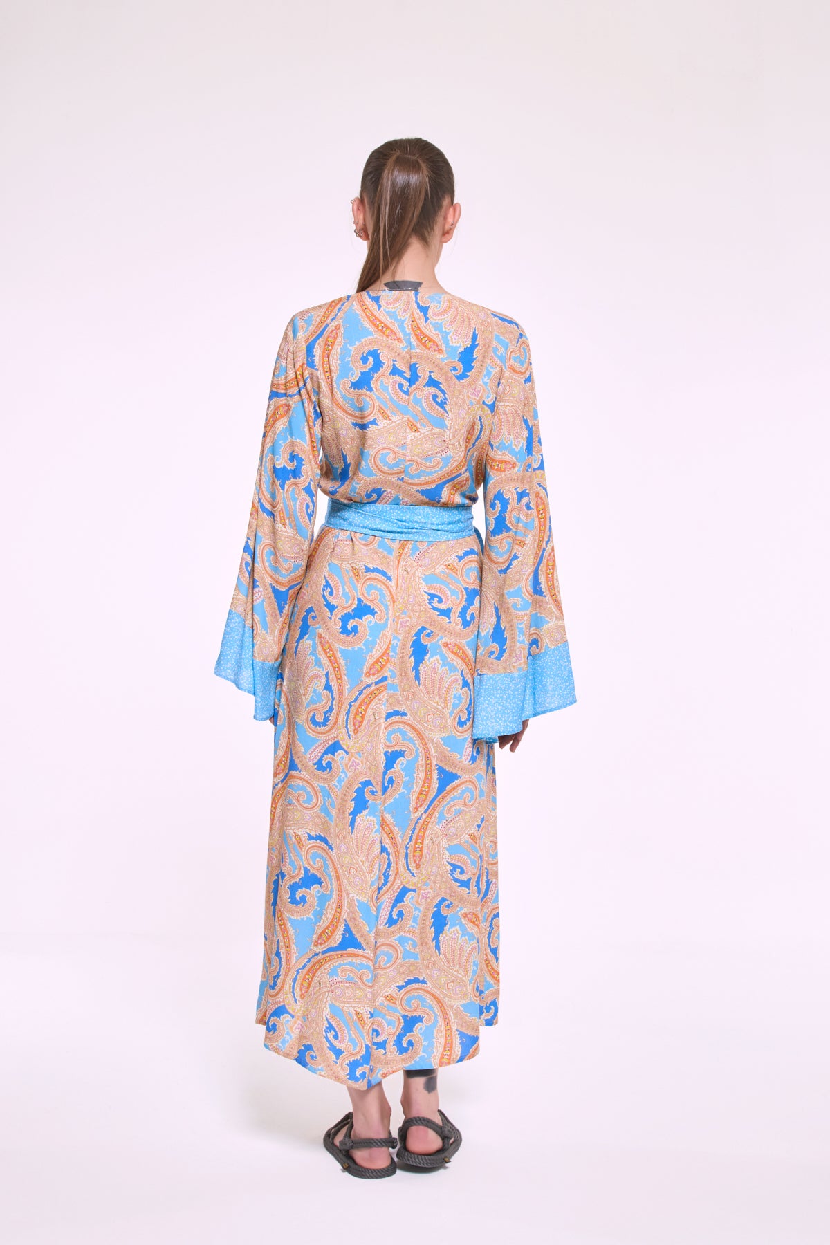 Despina | Mavi Şal Desen Viskon Uzun Kimono Elbise