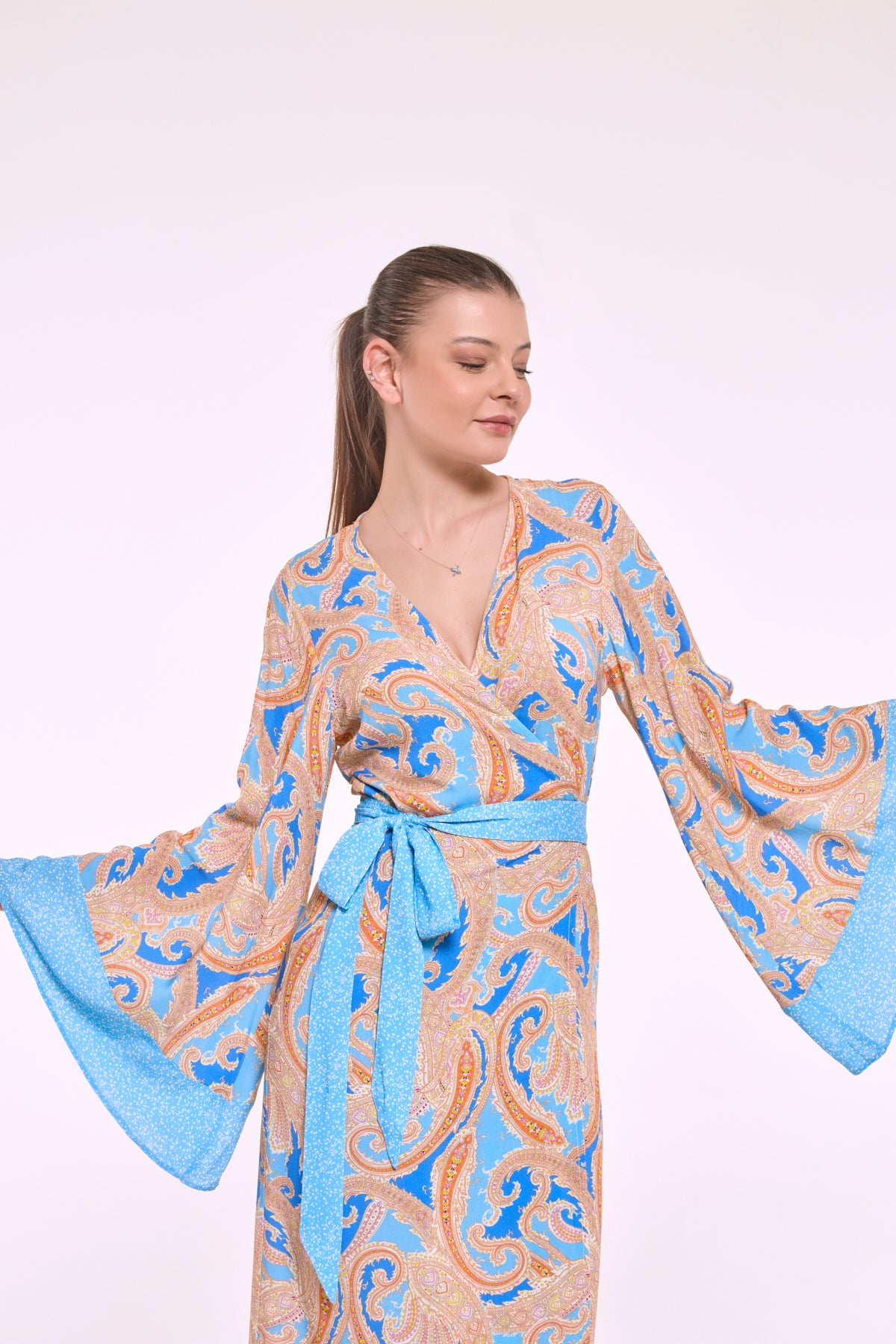 Despina | Mavi Şal Desen Viskon Uzun Kimono Elbise