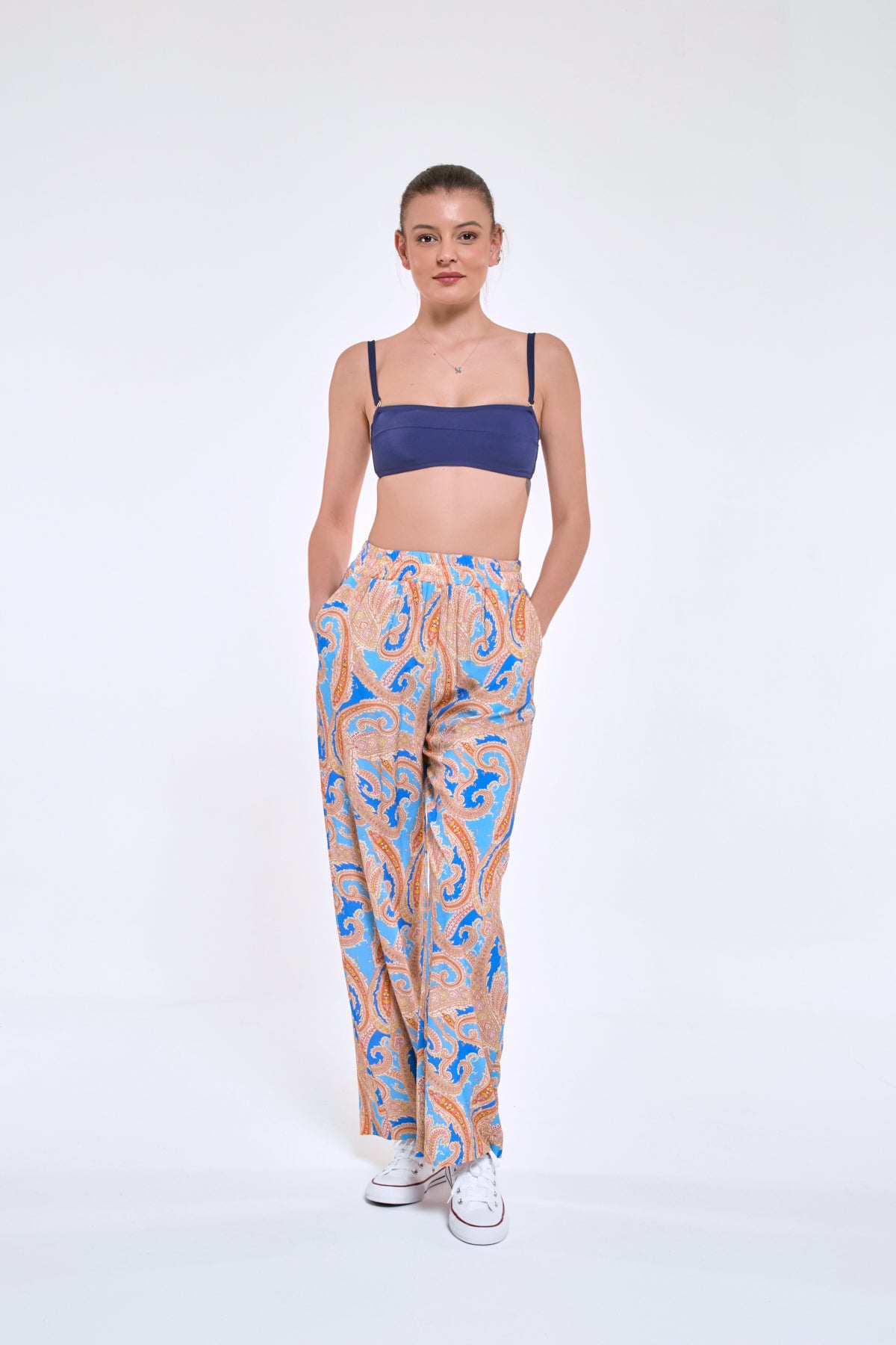 Pammy | Mavi Şal Desen Beli Lastikli Bol Palazzo Viskon Pantolon