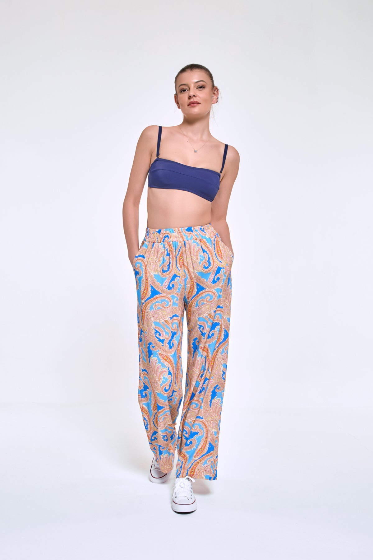 Pammy | Mavi Şal Desen Beli Lastikli Bol Palazzo Viskon Pantolon