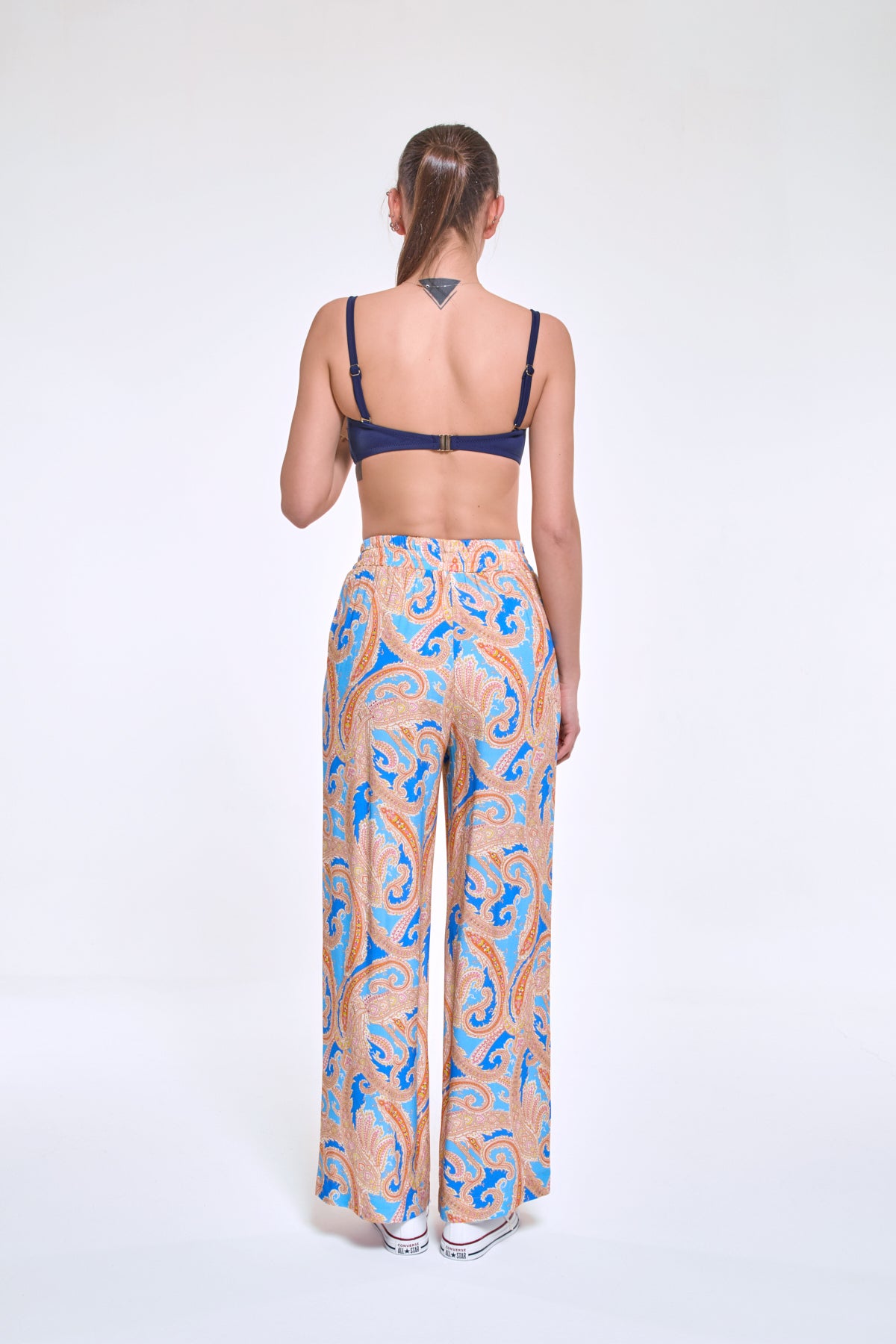 Pammy | Mavi Şal Desen Beli Lastikli Bol Palazzo Viskon Pantolon