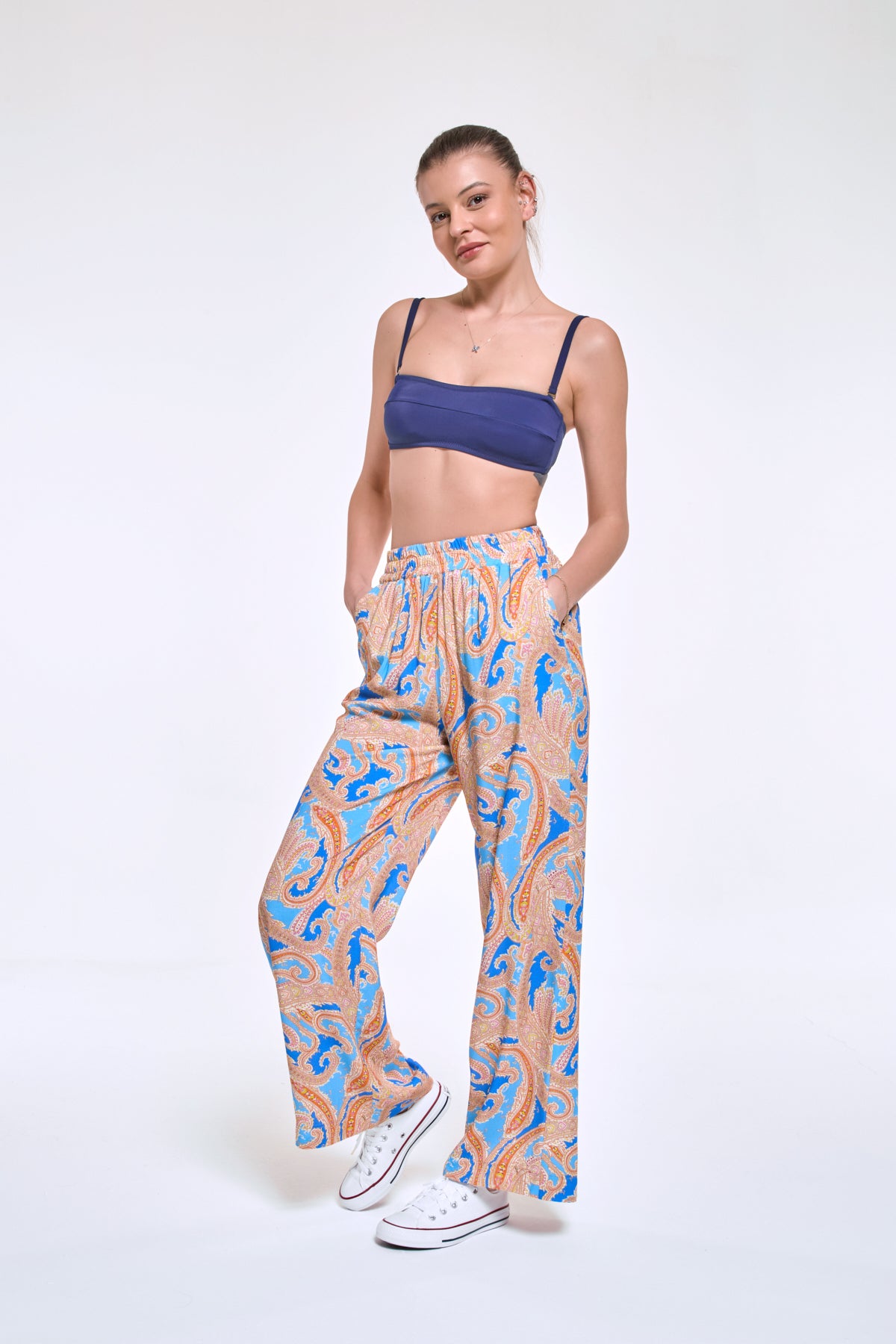 Pammy | Mavi Şal Desen Beli Lastikli Bol Palazzo Viskon Pantolon