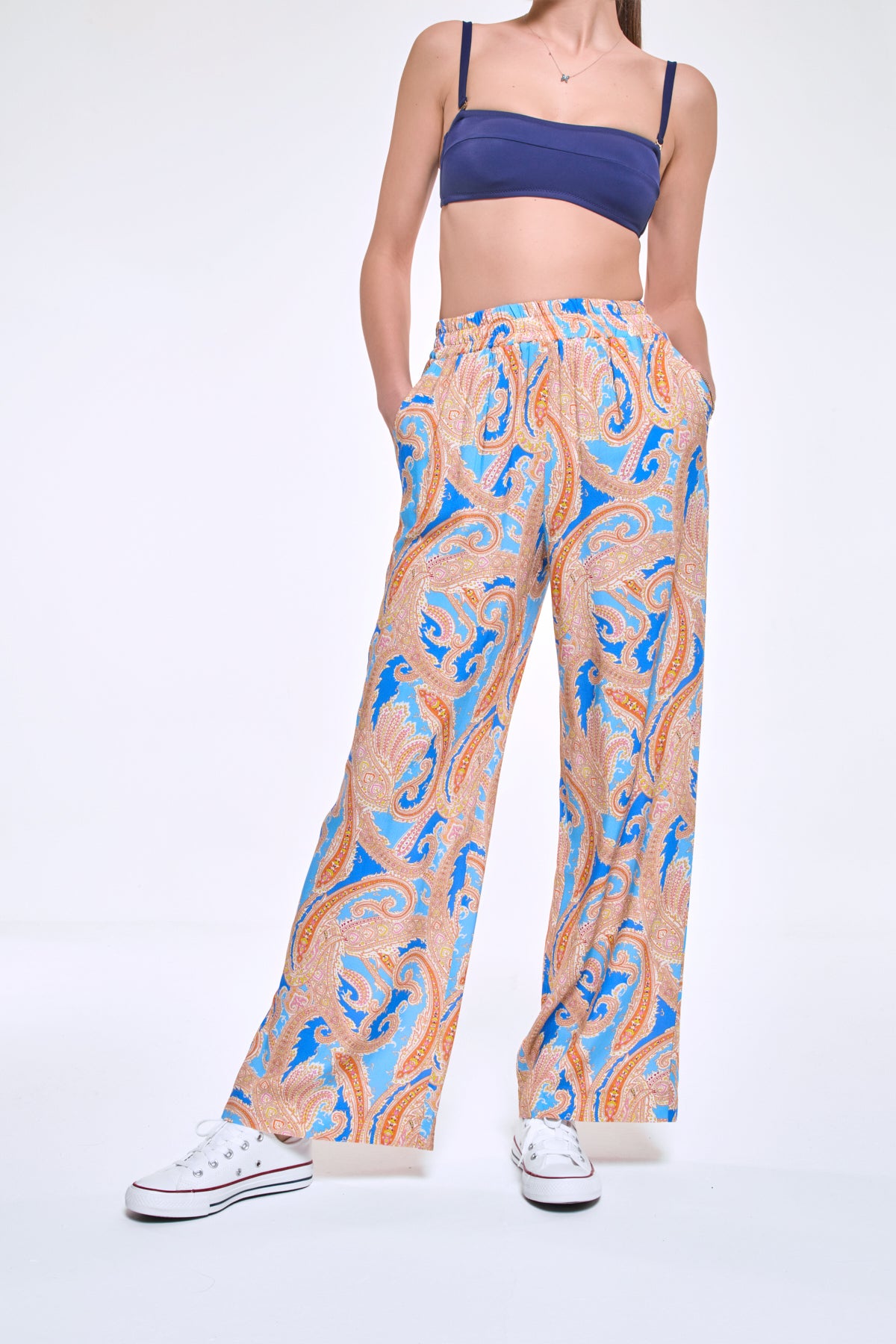 Pammy | Mavi Şal Desen Beli Lastikli Bol Palazzo Viskon Pantolon