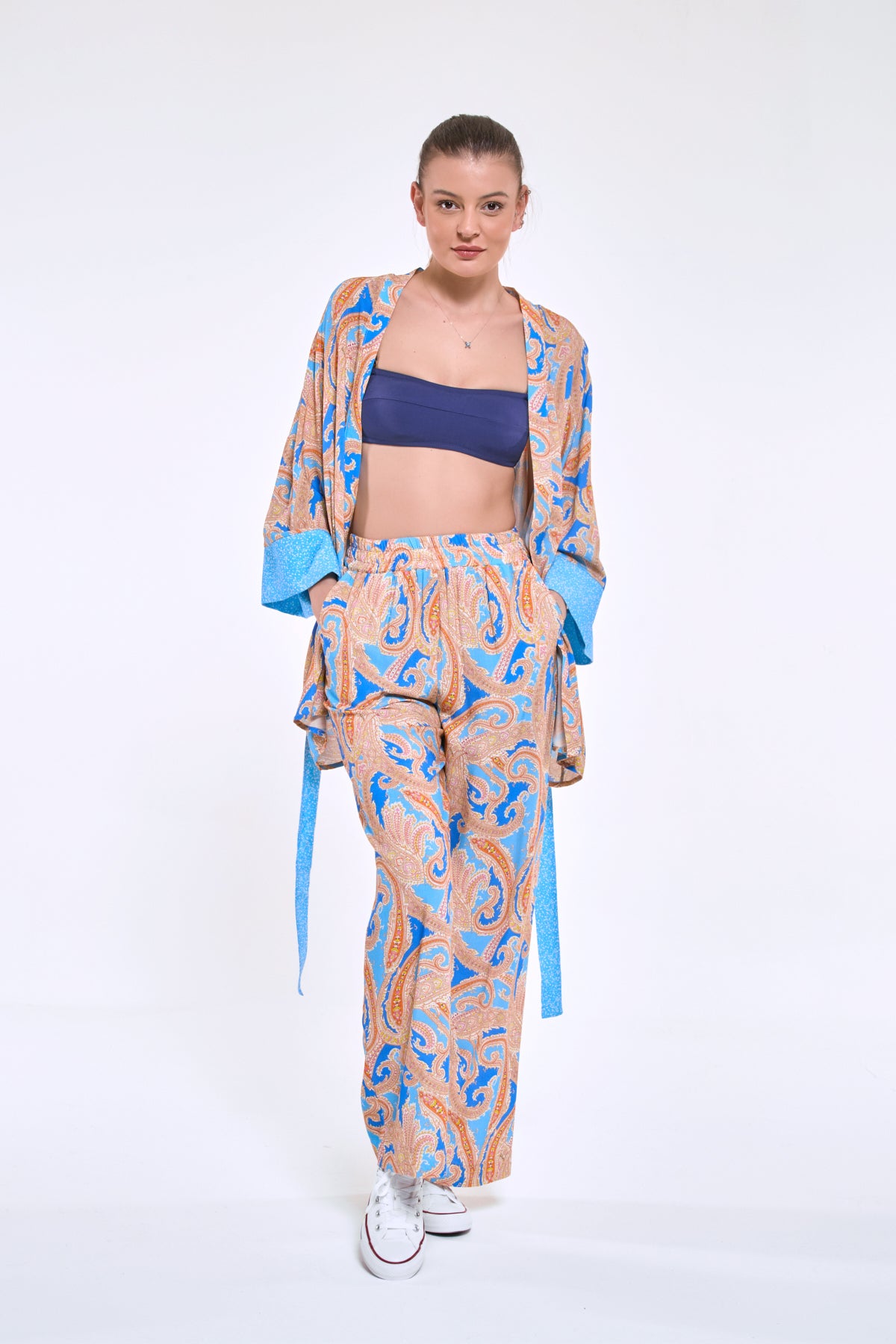 Pammy | Mavi Şal Desen Beli Lastikli Bol Palazzo Viskon Pantolon