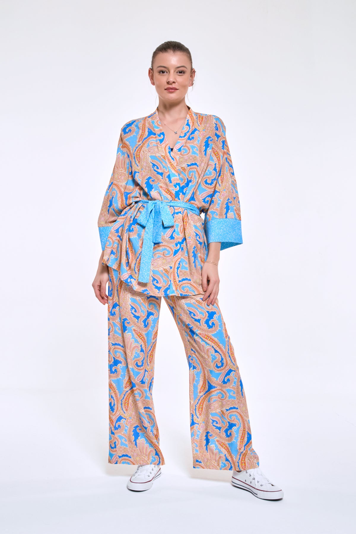 Pammy | Mavi Şal Desen Beli Lastikli Bol Palazzo Viskon Pantolon