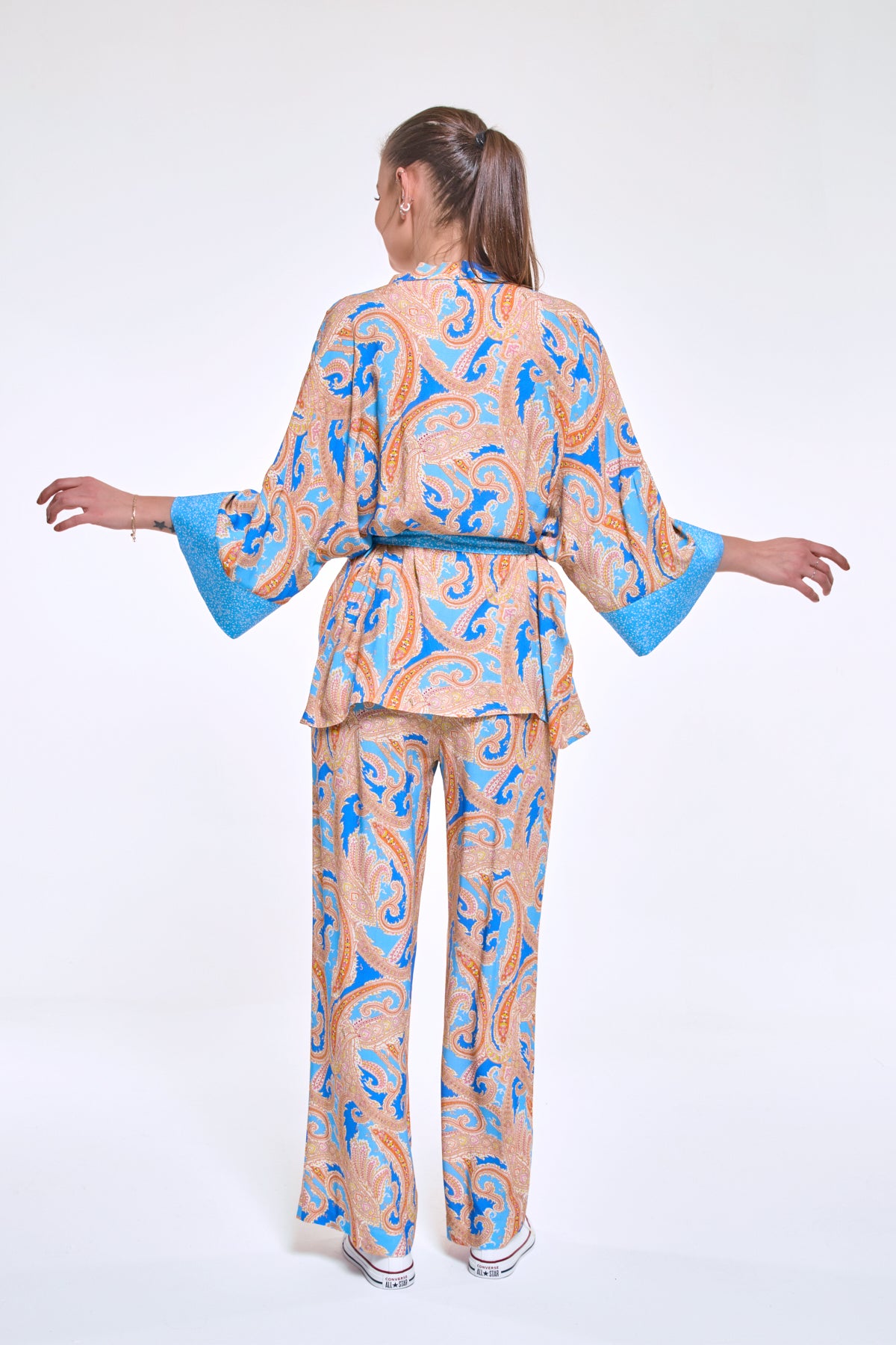 Pammy | Mavi Şal Desen Beli Lastikli Bol Palazzo Viskon Pantolon