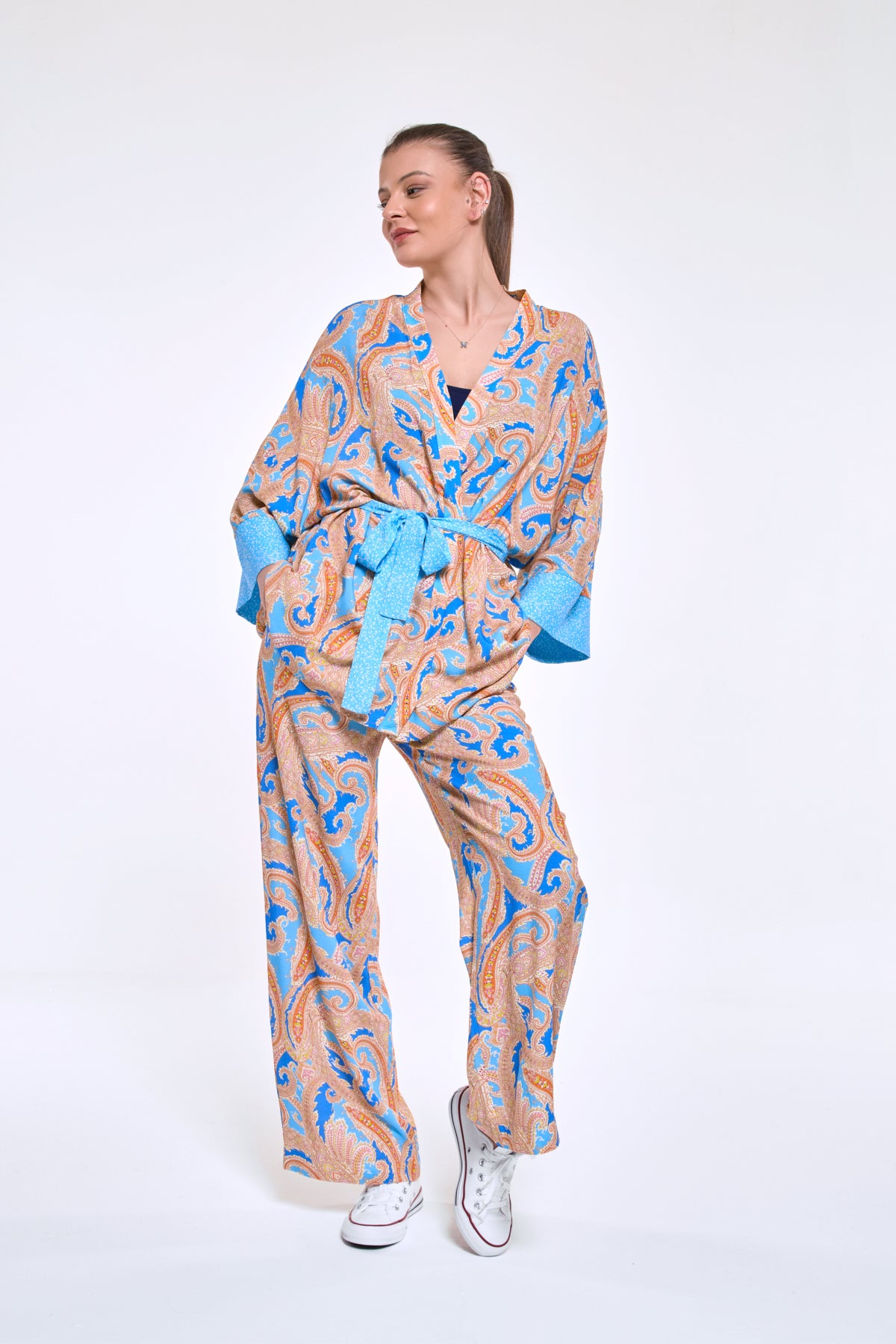 Pammy | Mavi Şal Desen Beli Lastikli Bol Palazzo Viskon Pantolon