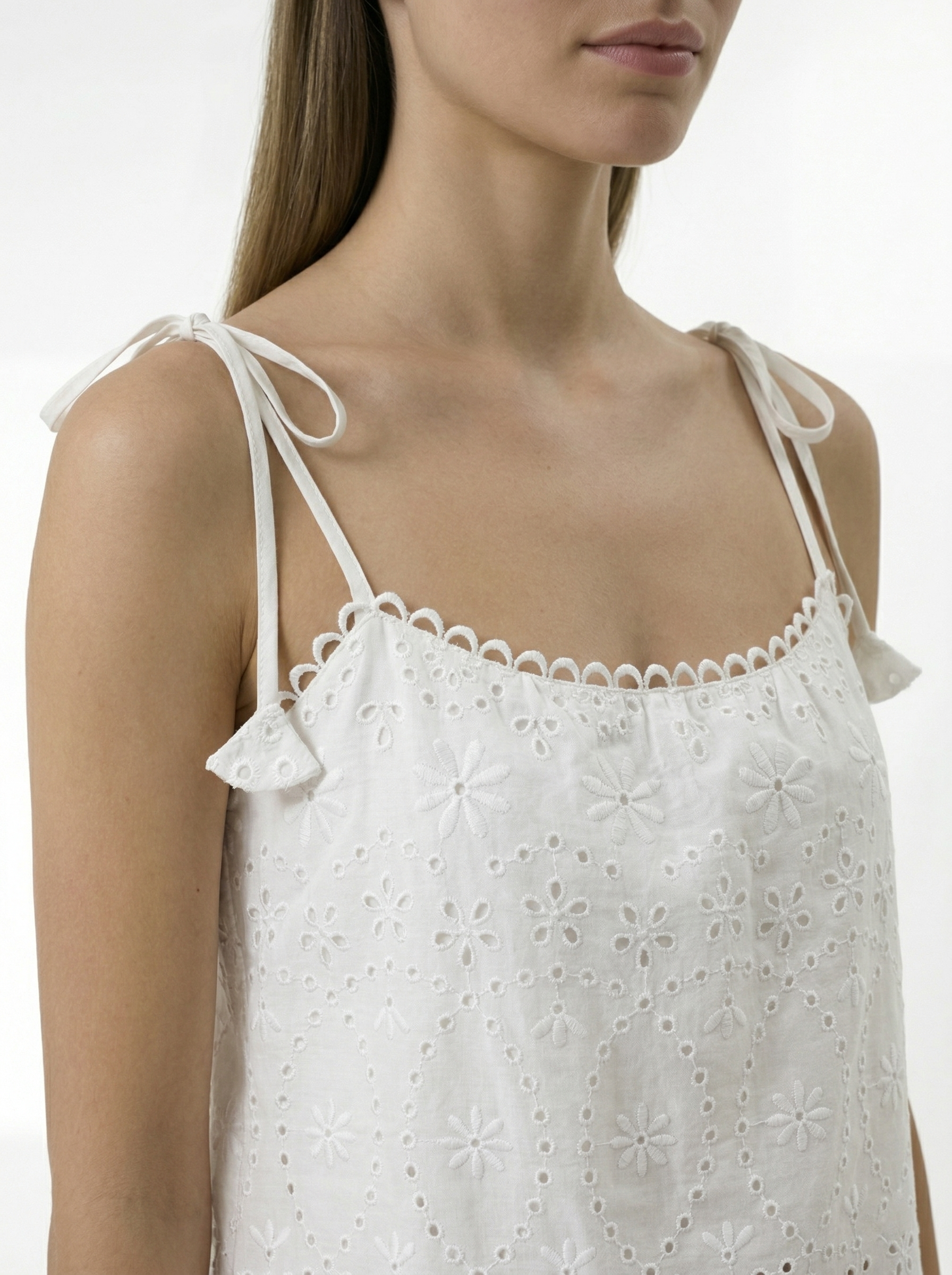 Broderie anglaise cotton crop top detail scalloped neckline and tie straps
