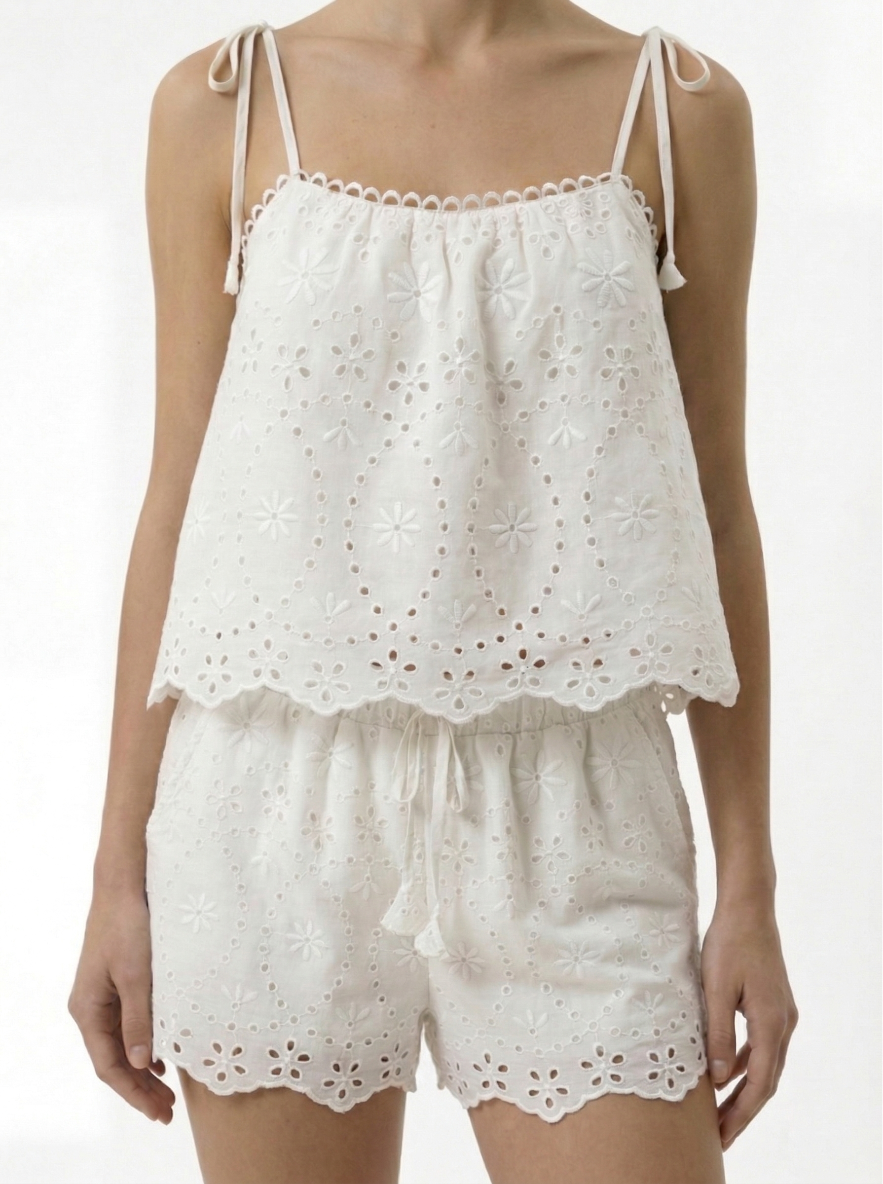 Pia white broderie anglaise cotton shorts front view