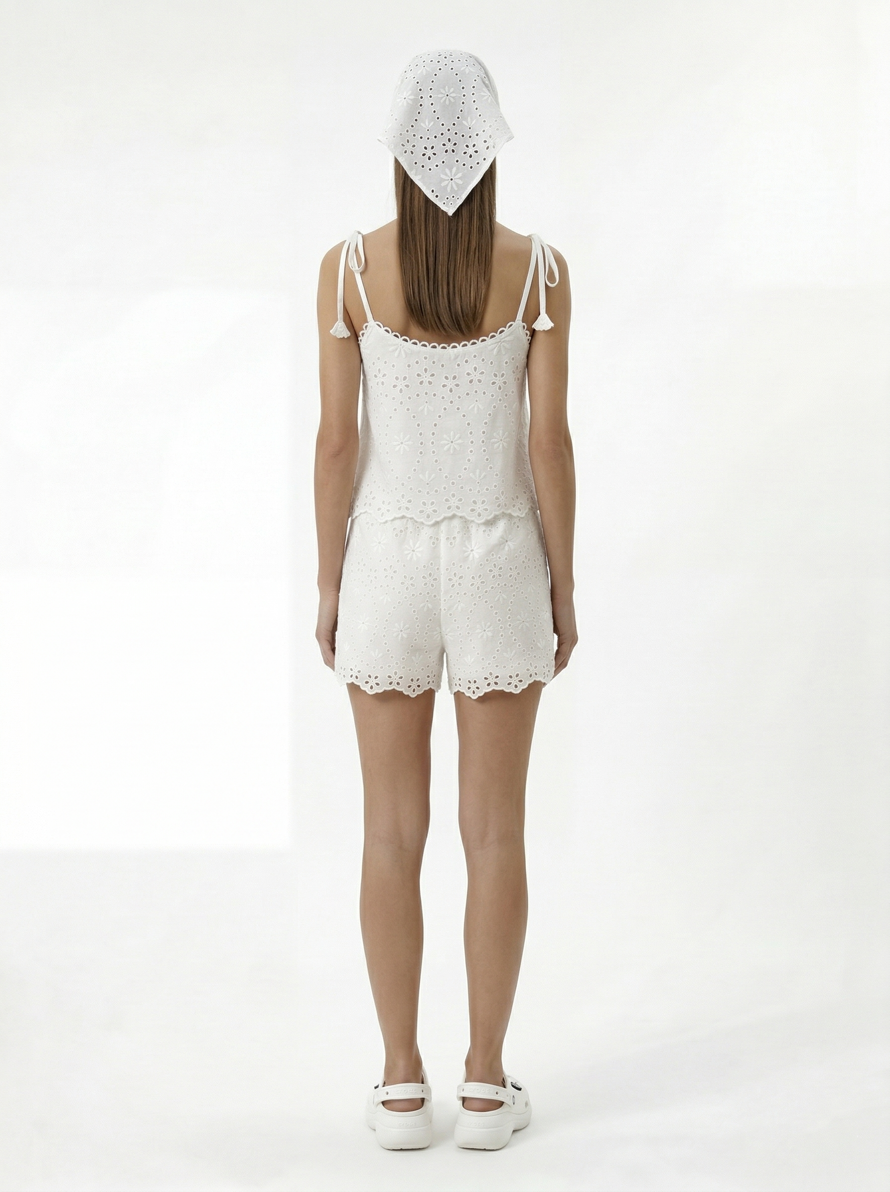White broderie anglaise shorts back view relaxed fit scalloped hem