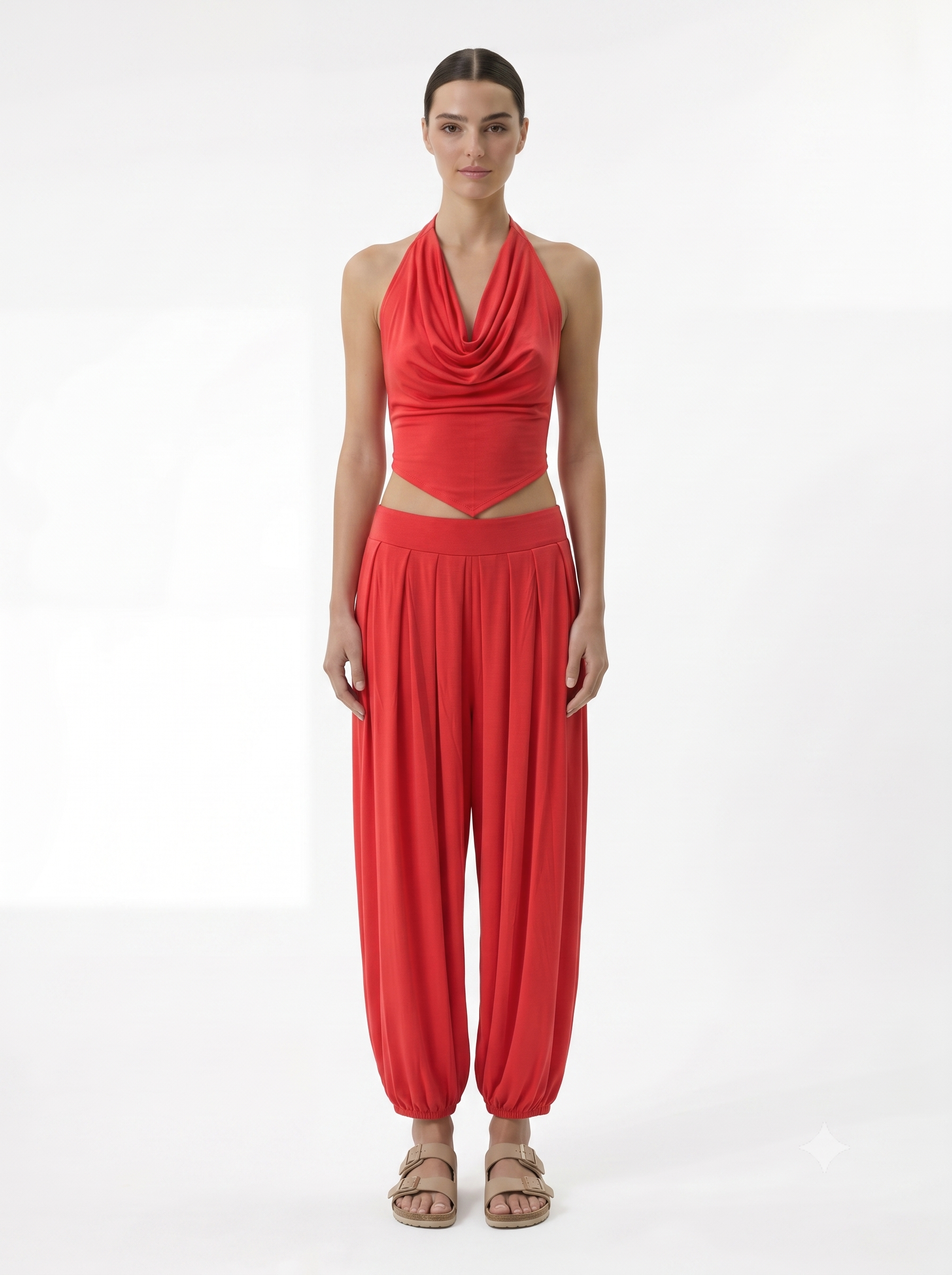 Red modal draped harem pants with elastic waist front view