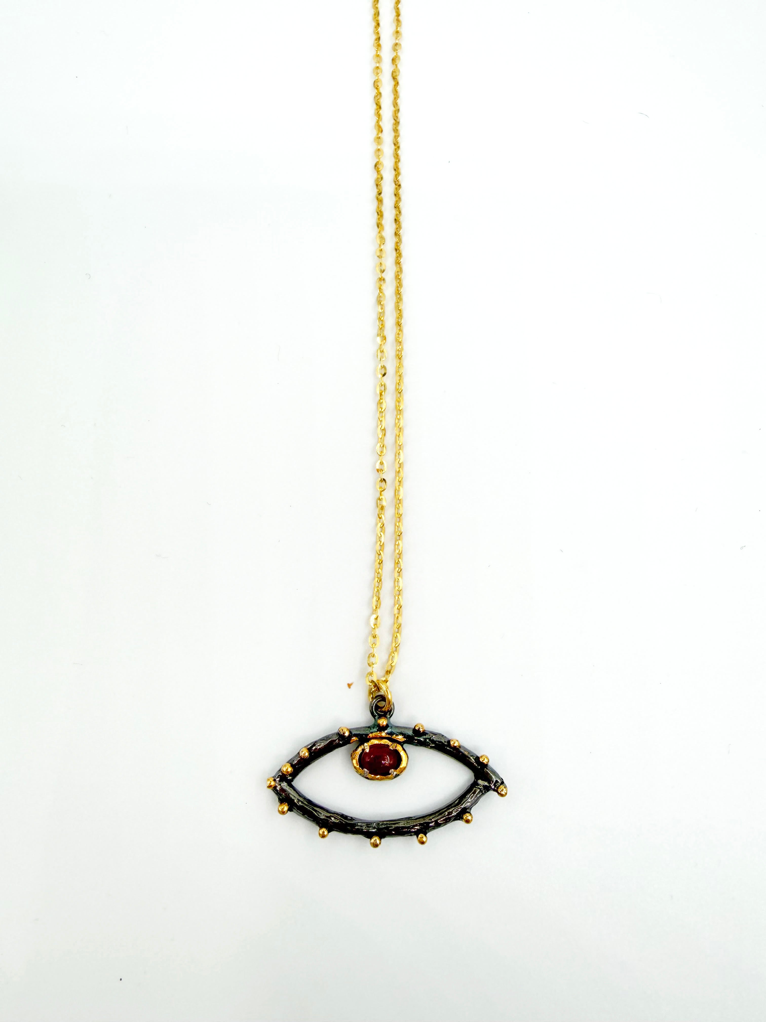 Pembe Kuvars Doğal Taşlı Altın Kaplama 925 Ayar Gümüş Göz Kolye