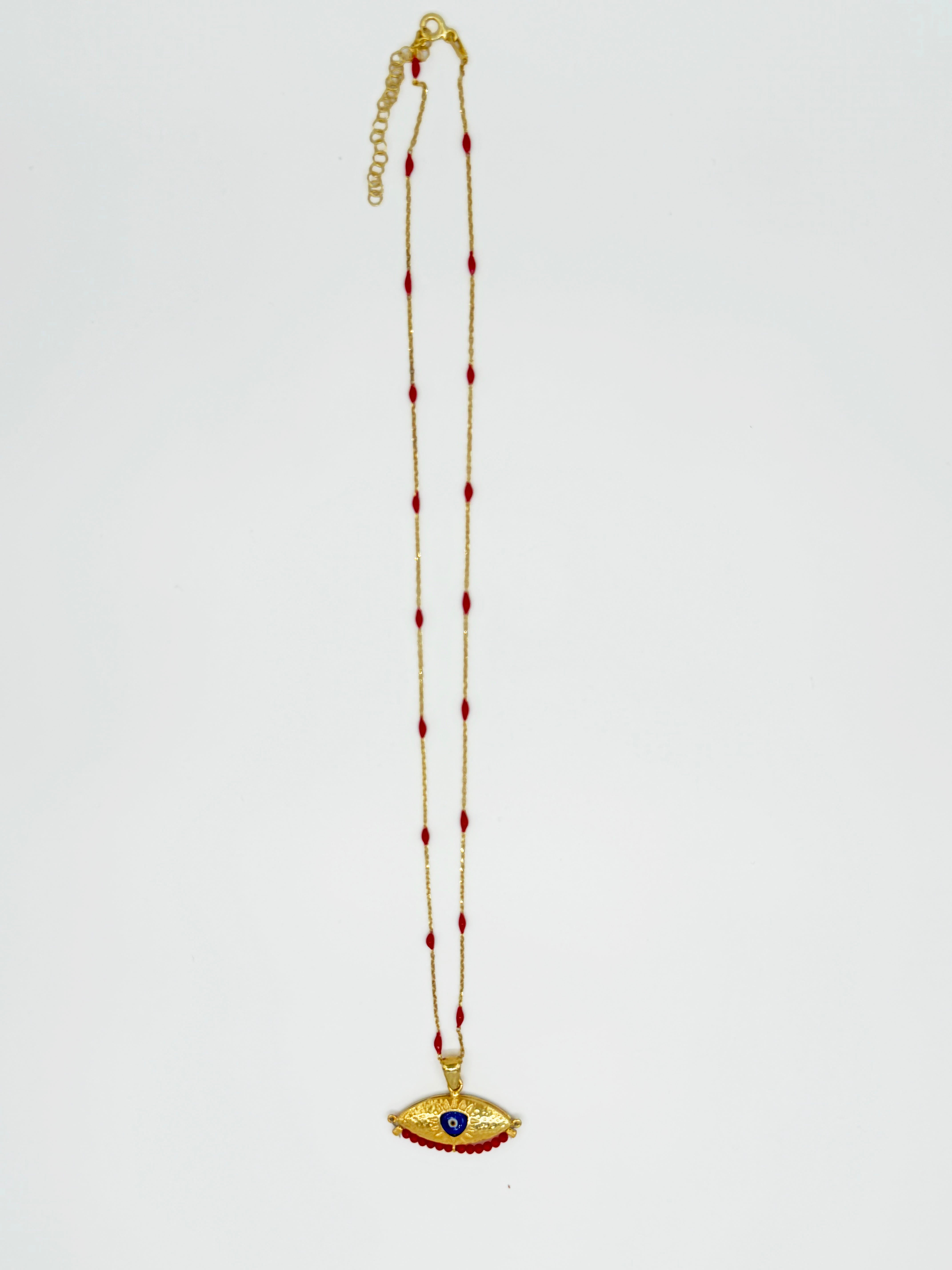 Kırmızı Göz Figürlü 925 Ayar Bohem Gümüş Zincir Kolye