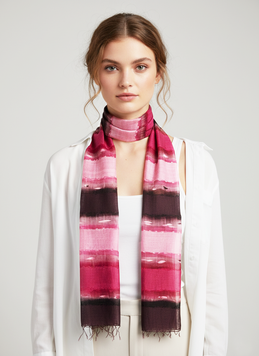 Pembe Kozalı Uzun İpek Eşarp