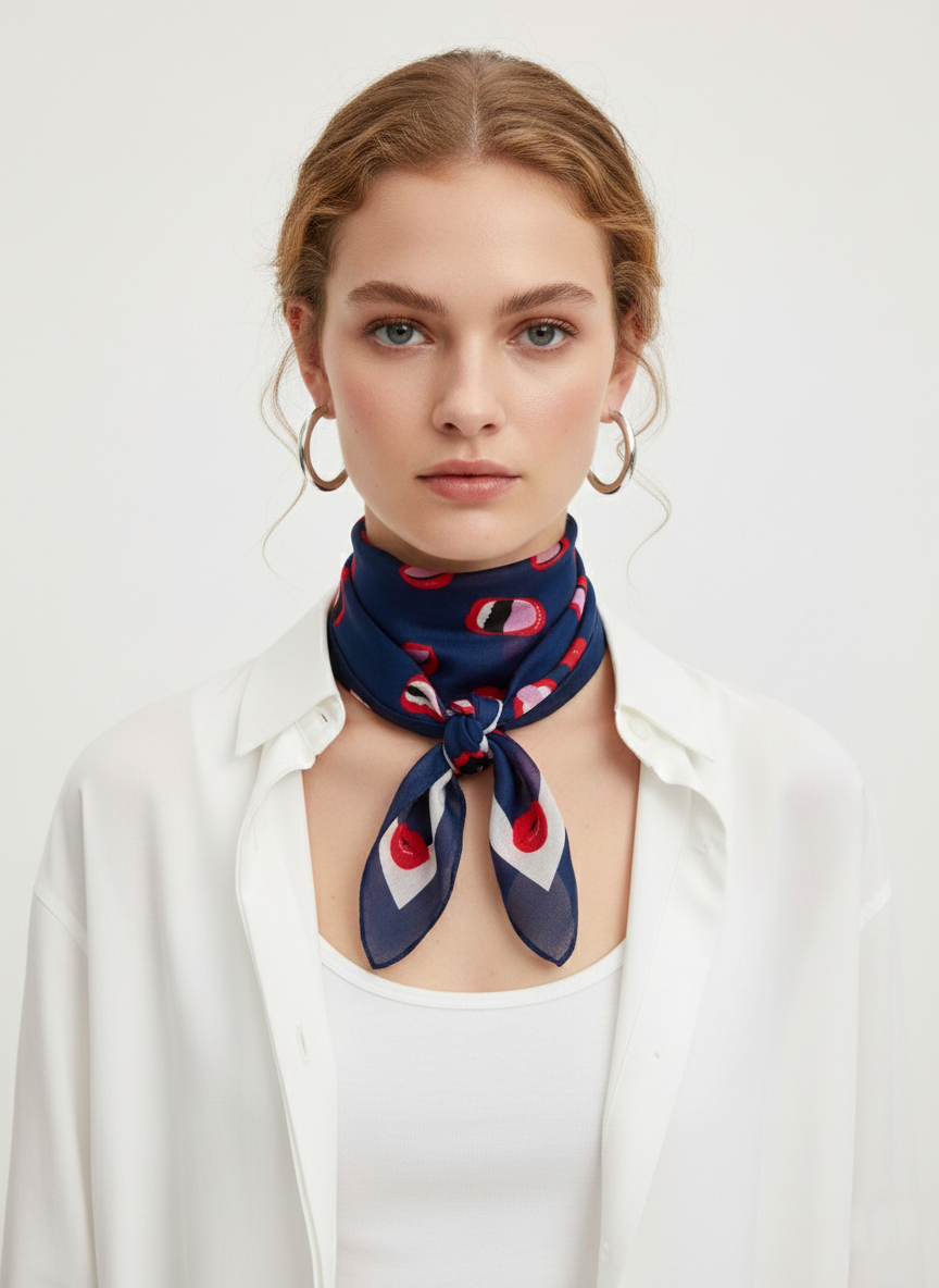 Lacivert Dudak Desen Büyük Kare İpek Fular