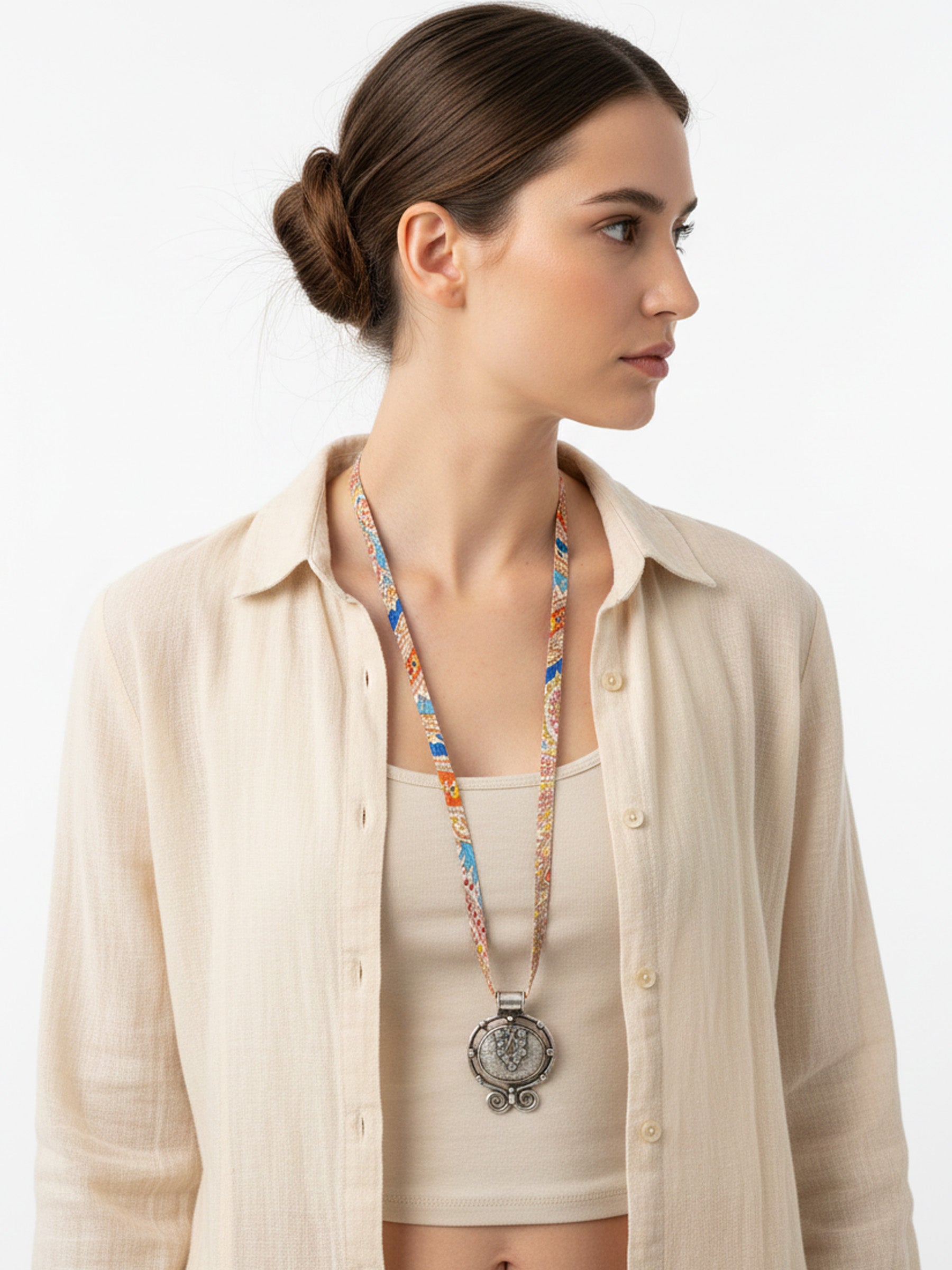 Uzun Otantik Mavi Şal Desen Kumaş Kolye