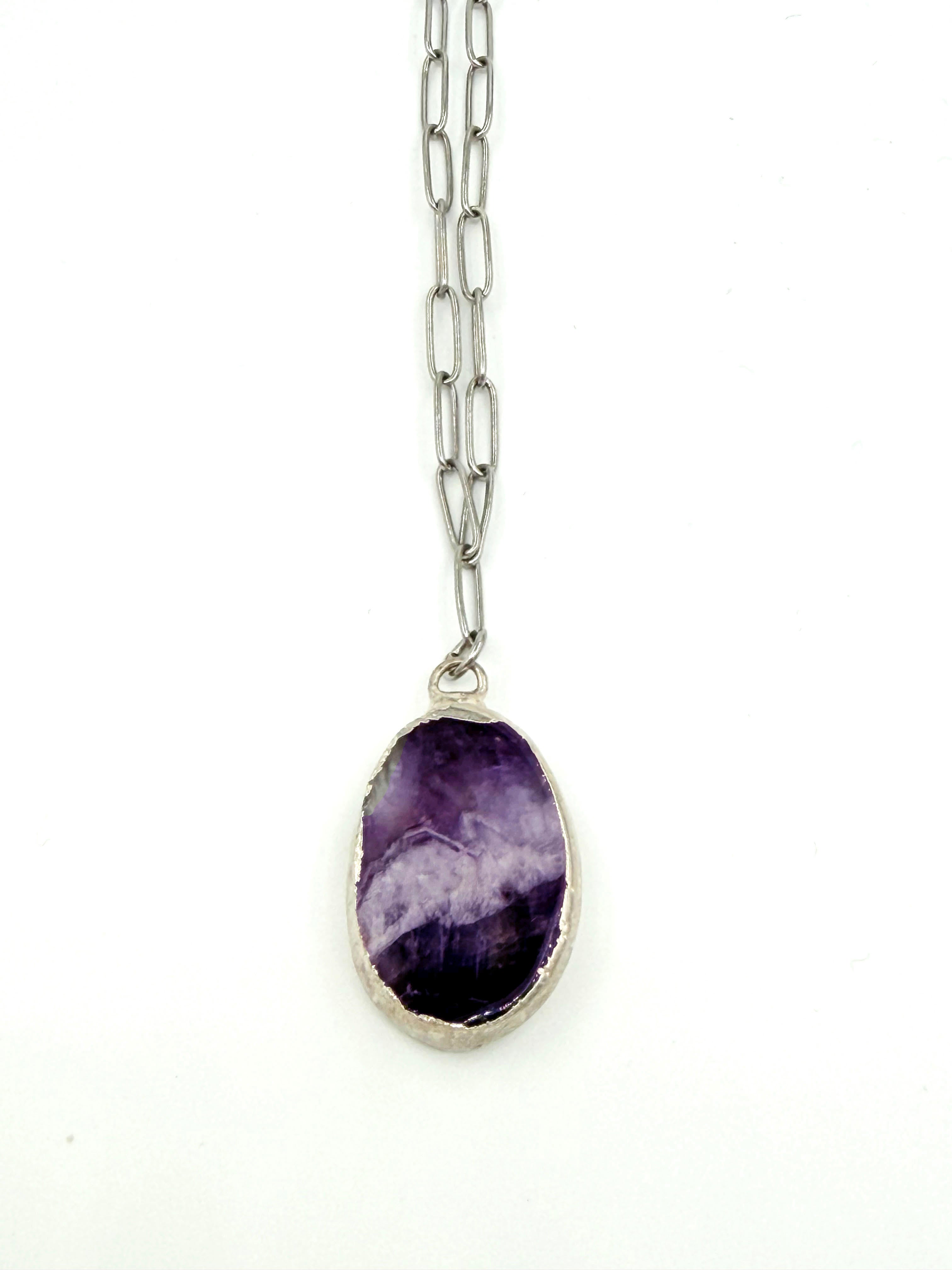 Çelik Zincirli Ametist Doğal Taş Kolye