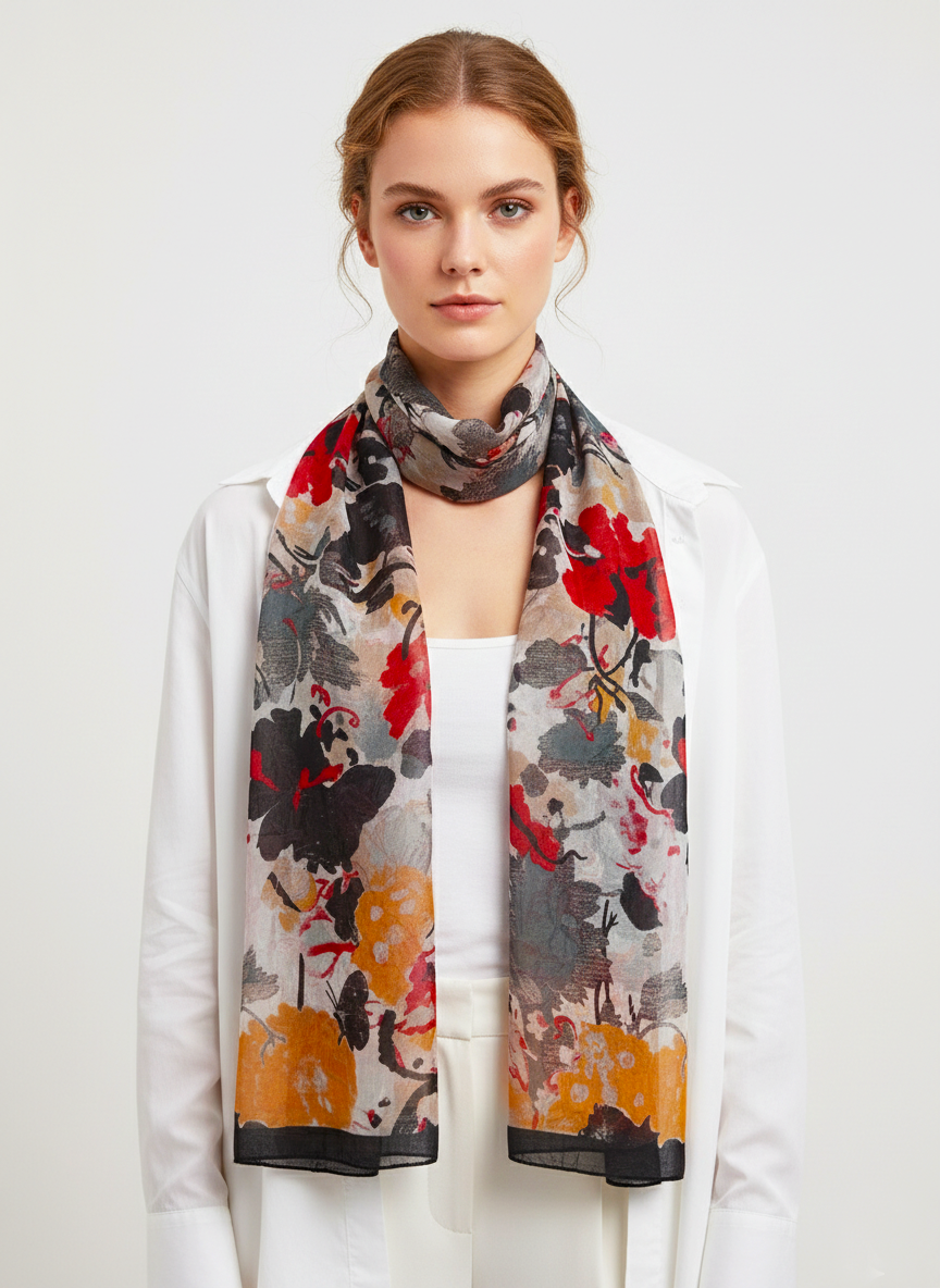 Büyük Çiçekli Uzun İpek Eşarp