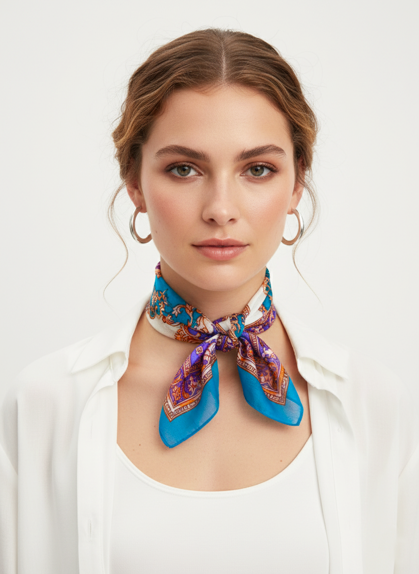 Mor, Turkuaz, Beyaz Şal Desenli Kare İpek Fular