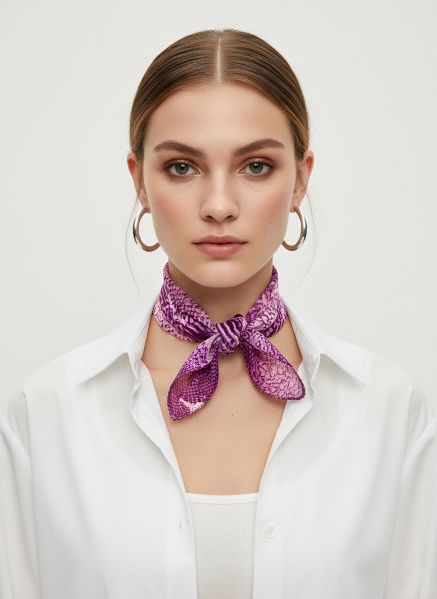 Mor Yılan Desen Kare İpek Fular