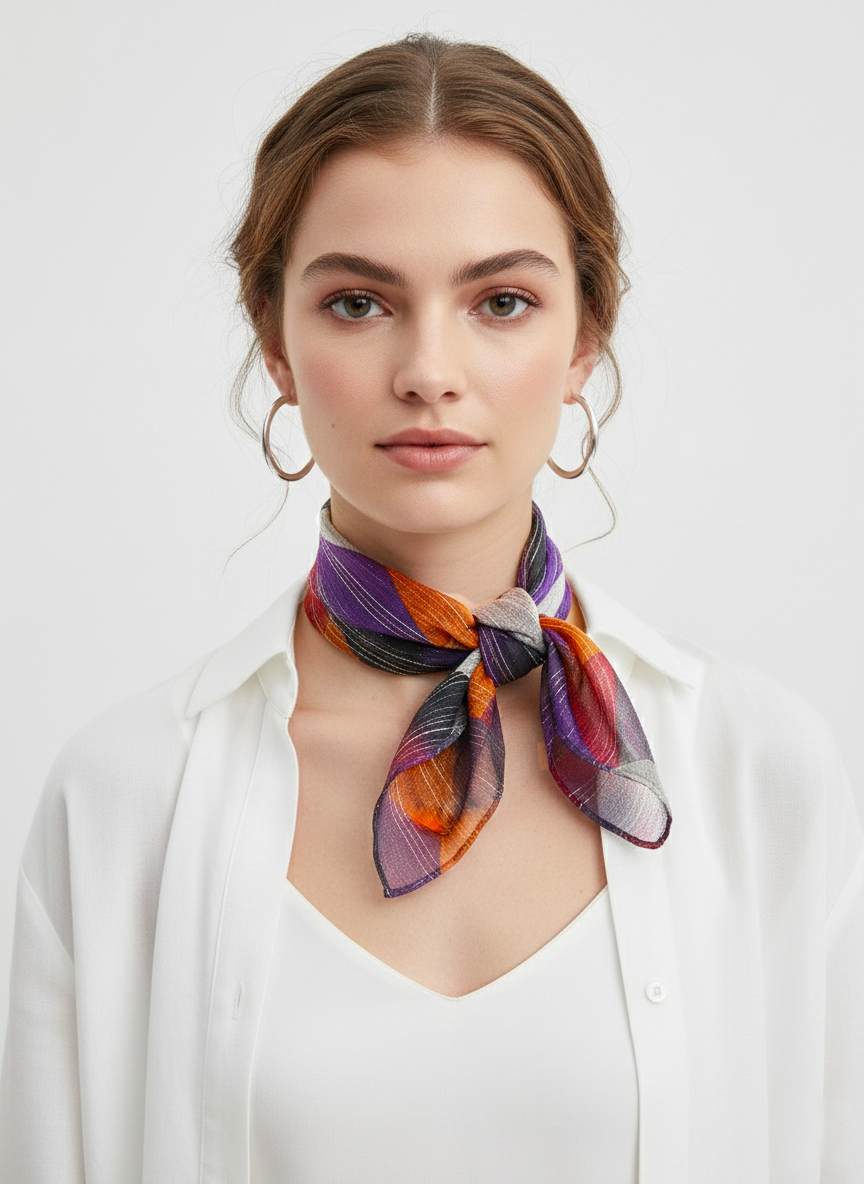 Simli Geometrik Desen Kare İpek Fular