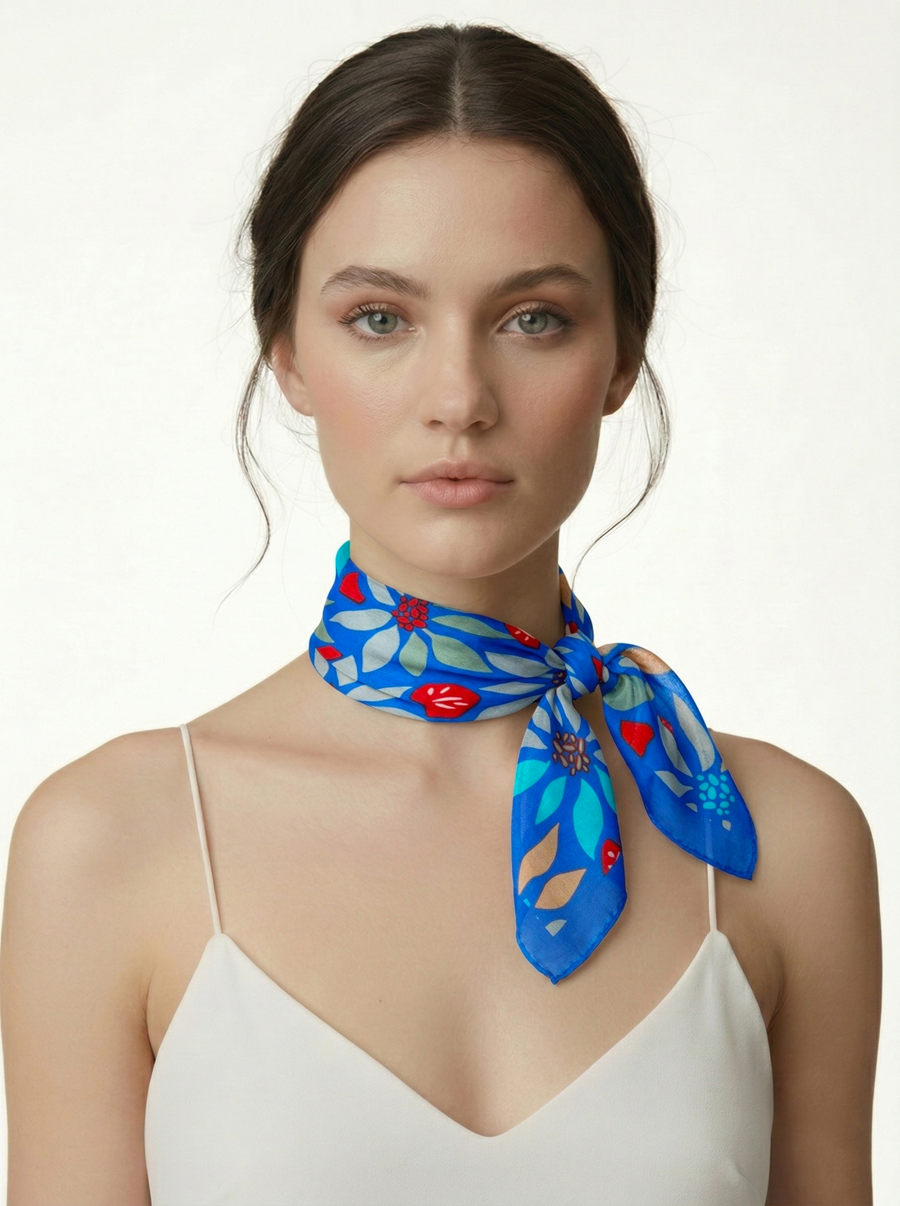 Mavi Büyük Soyut Çiçekli Kare İpek Fular