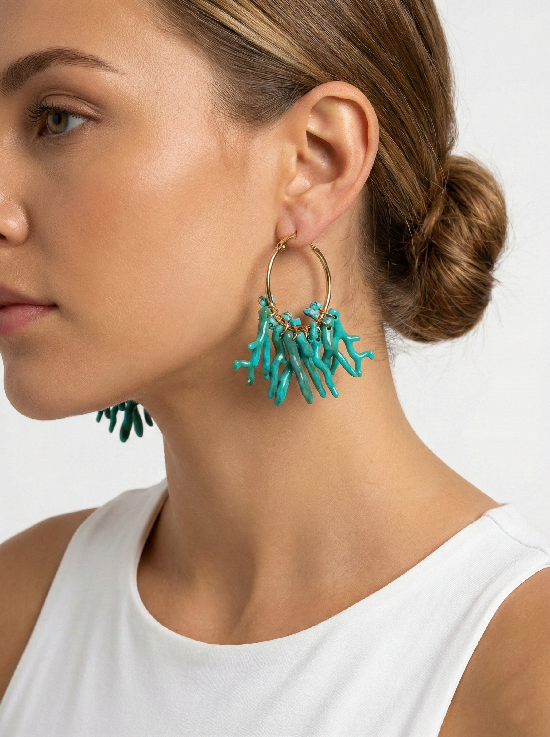 Turkuaz Mercan Formlu Halka Küpe