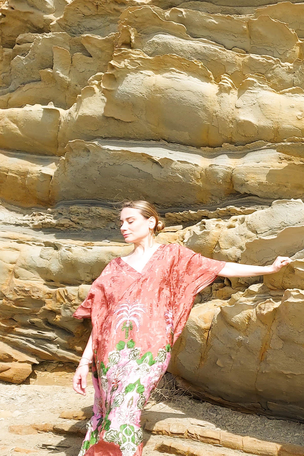 Dharma | Egzotik Desen Oversize Jakarlı Floş Viskon Kaftan Elbise