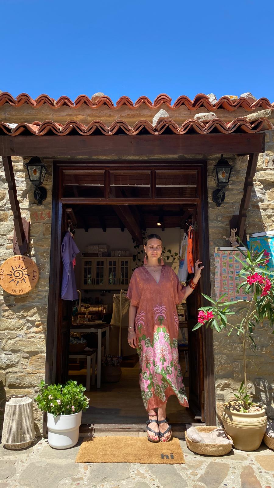 Dharma | Egzotik Desen Oversize Jakarlı Floş Viskon Kaftan Elbise