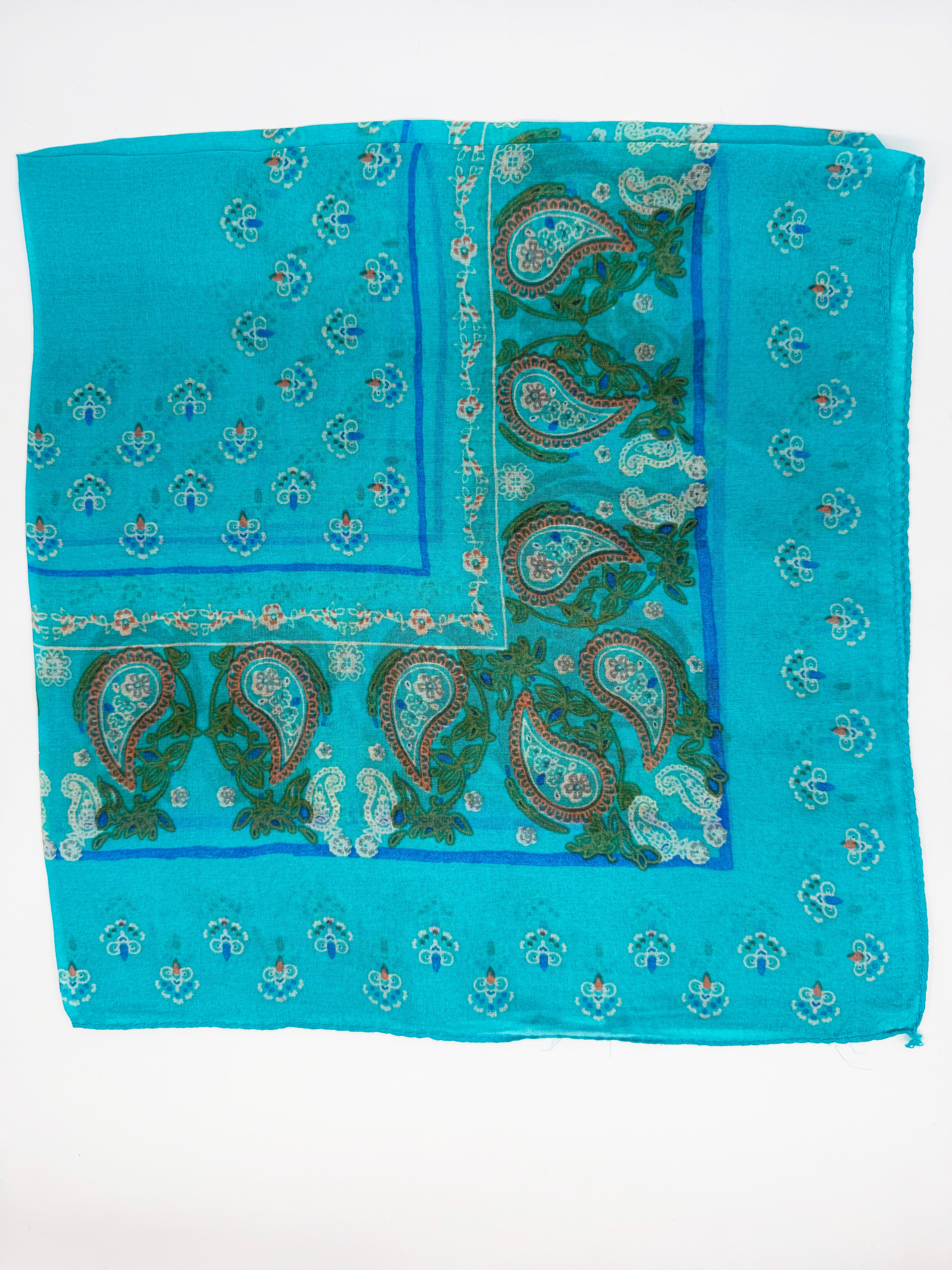 Turkuaz Şal Desenli Kare İpek Fular