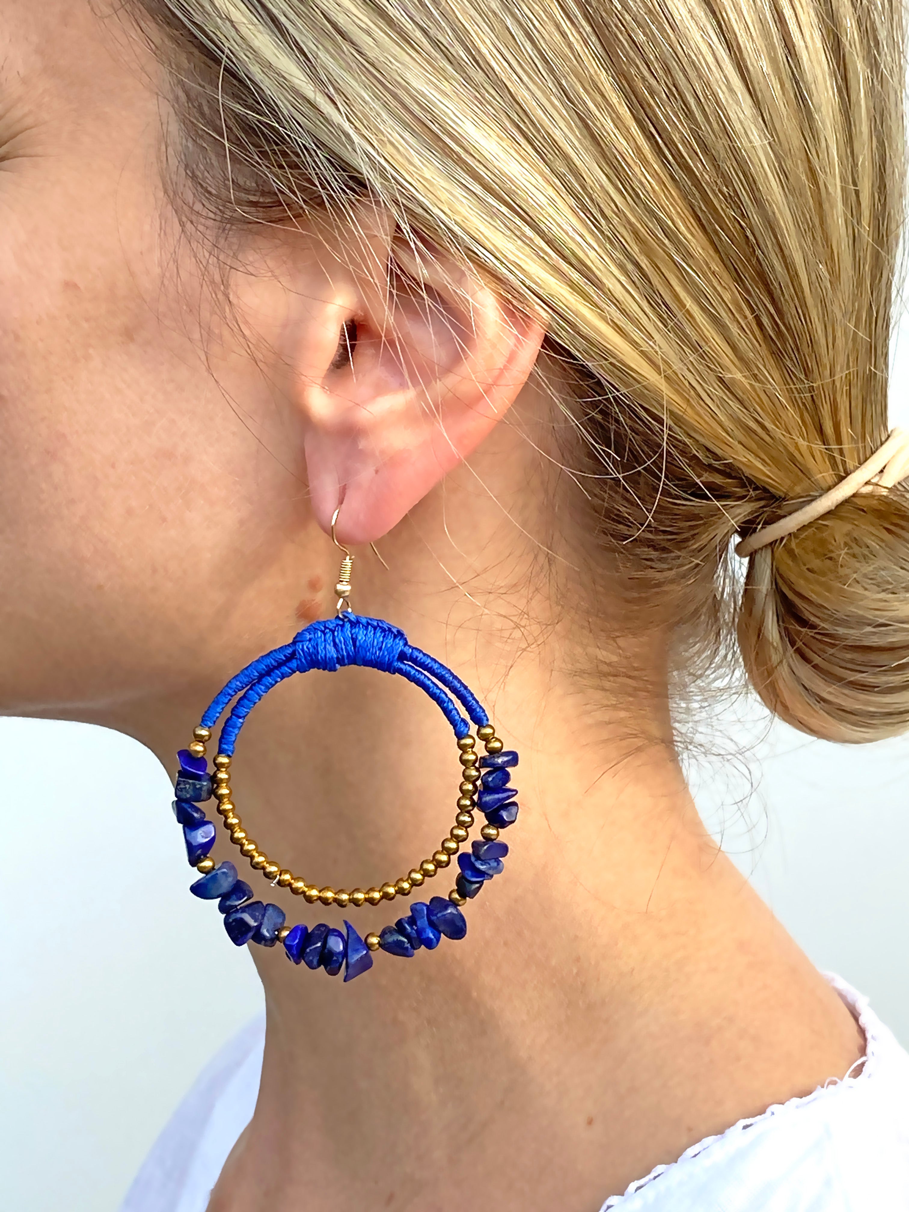 Lapis Lazuli Doğal Taşlı Örgü Halka Küpe