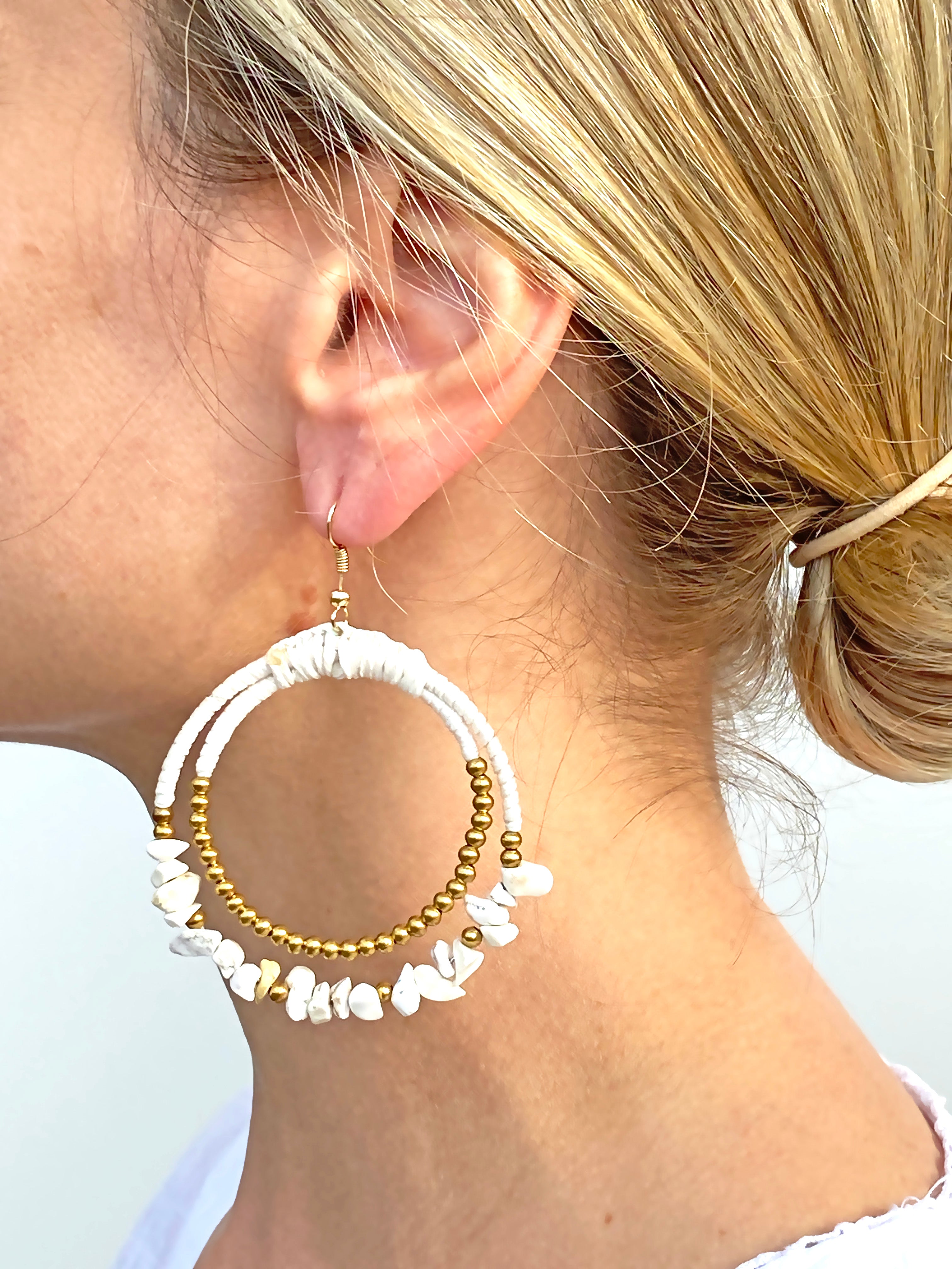 Kuvars Doğal Taşlı Örgü Halka Küpe