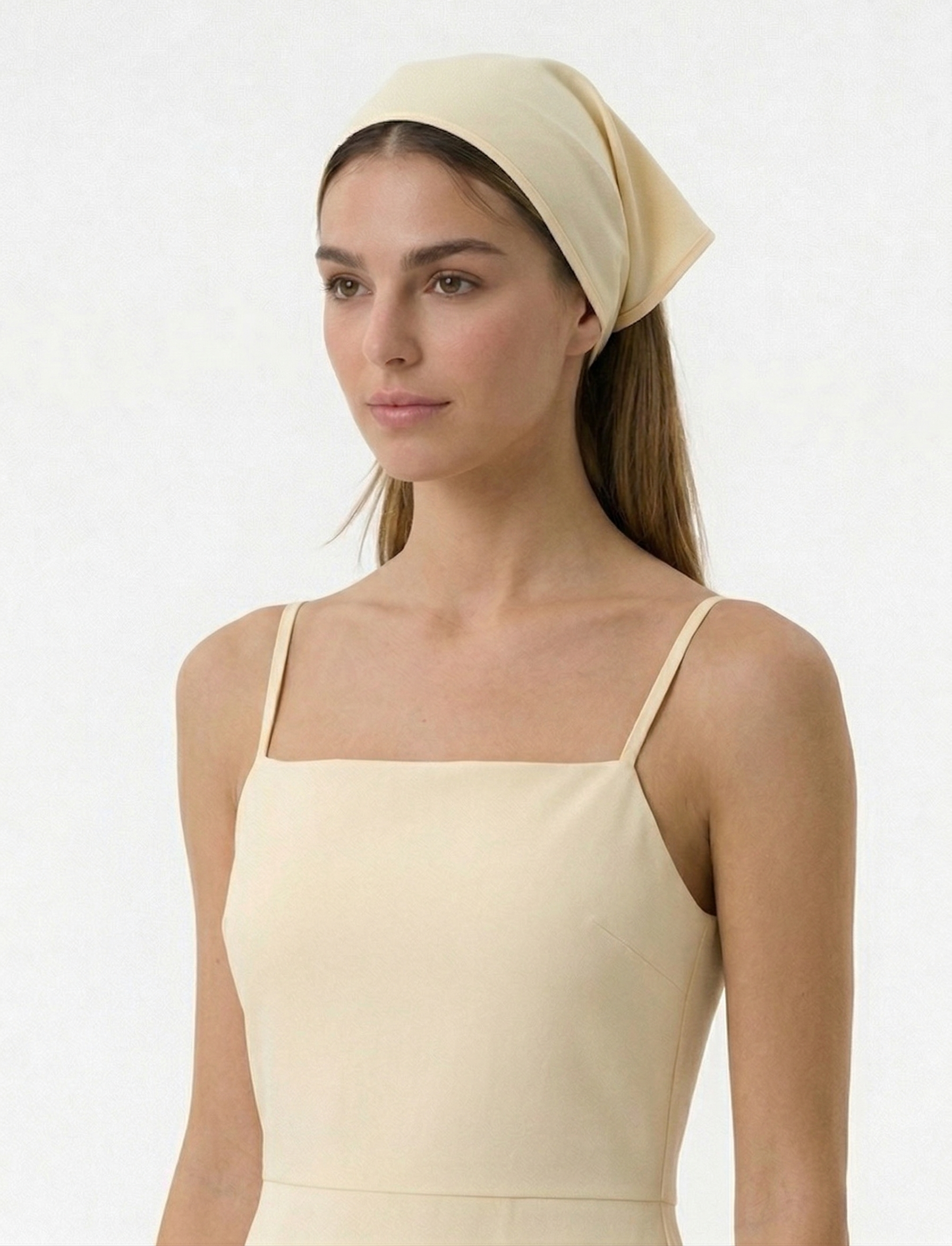 Butter yellow cotton poplin bandana side view on model