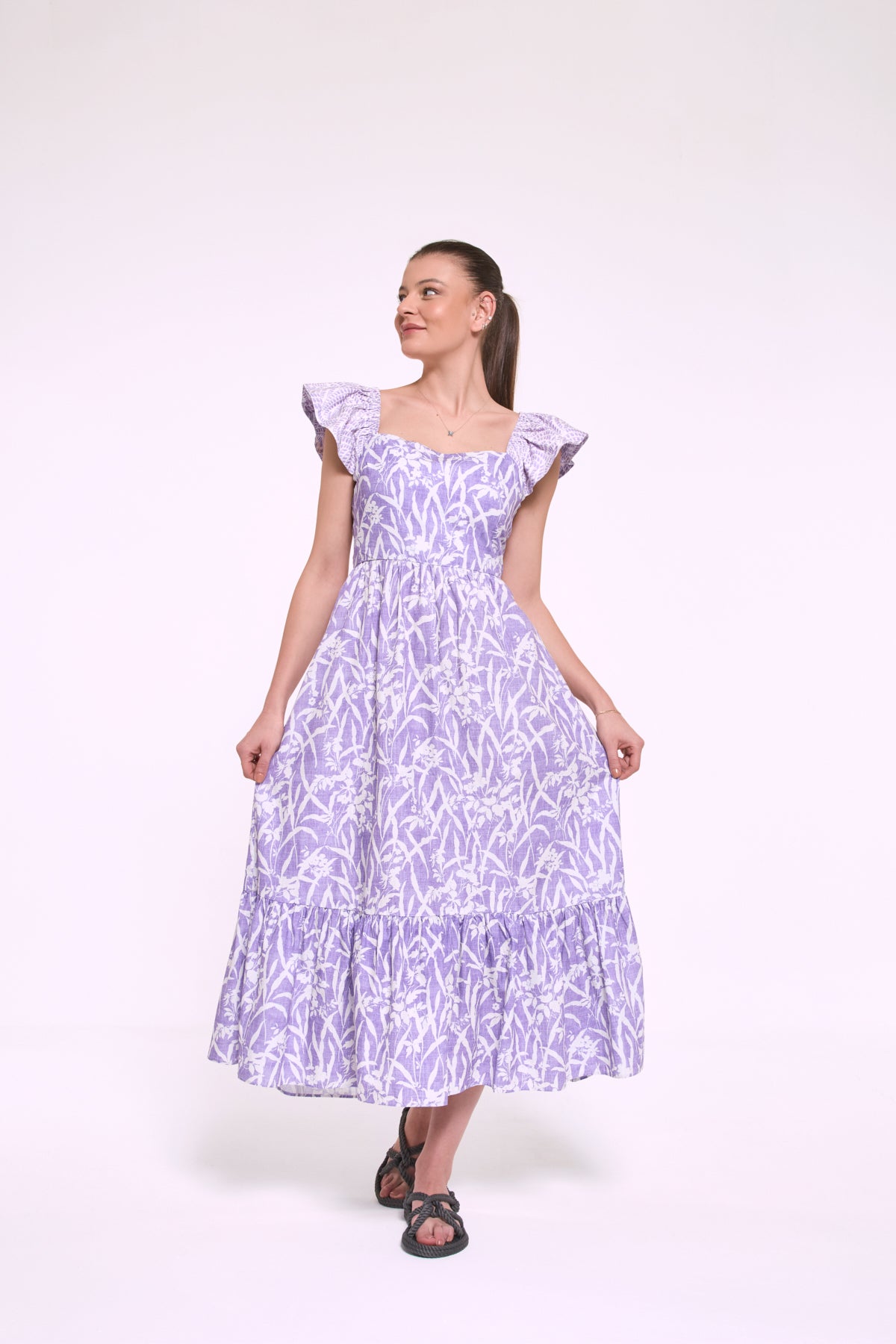 Dafne lilac flowy midi dress in motion