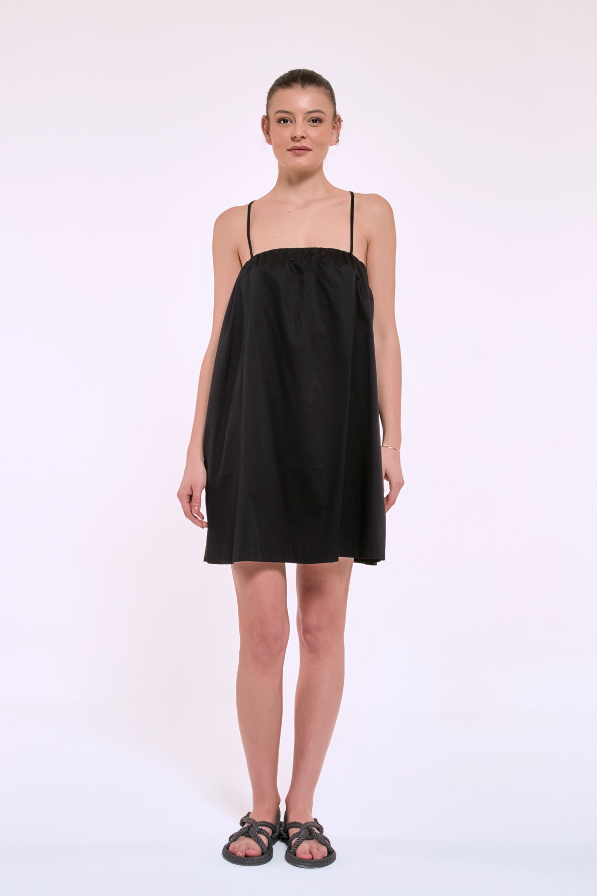 Daisy black cotton satin mini dress front view