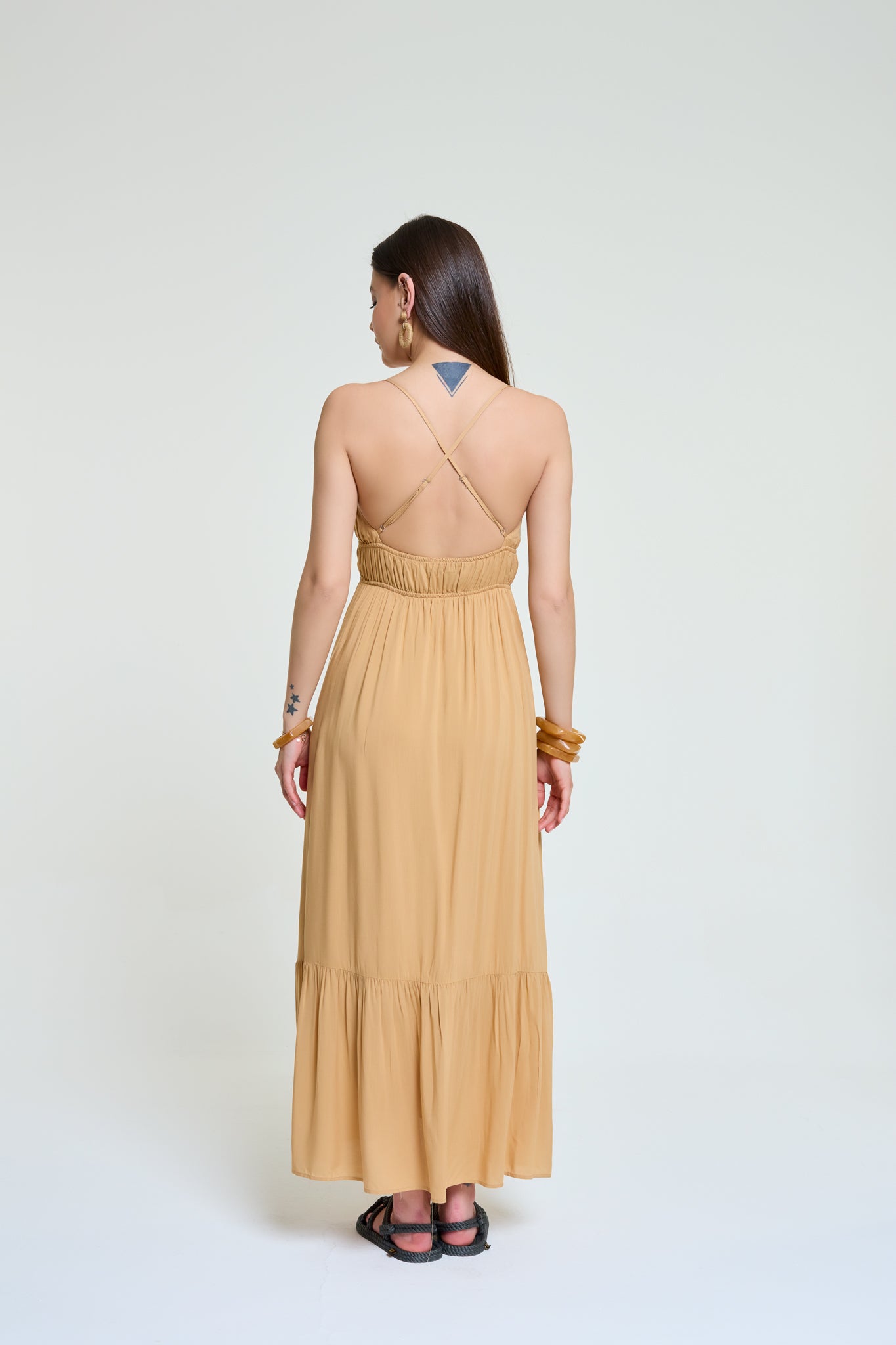 Demeter beige long dress with open back