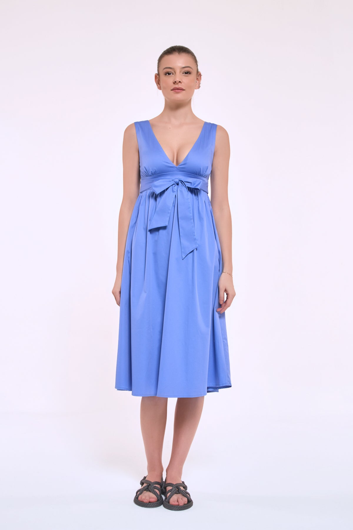 Demi blue midi cotton satin dress front view