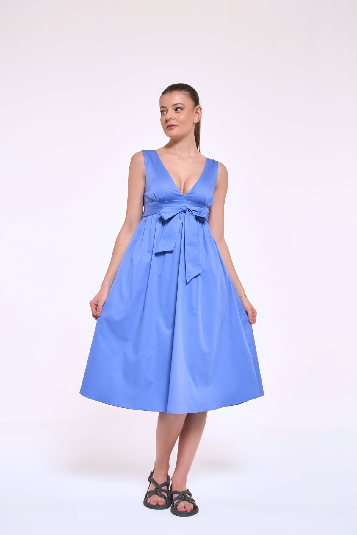 Demi blue cotton satin dress with effortless everyday elegance