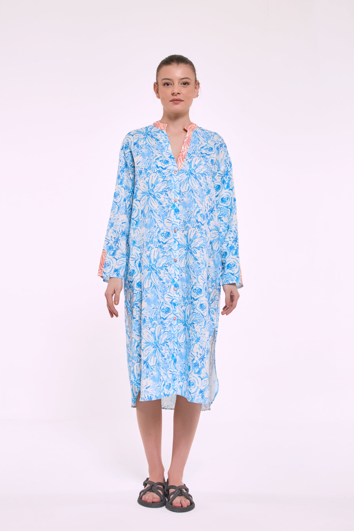 Dina blue floral cotton linen shirt dress front view