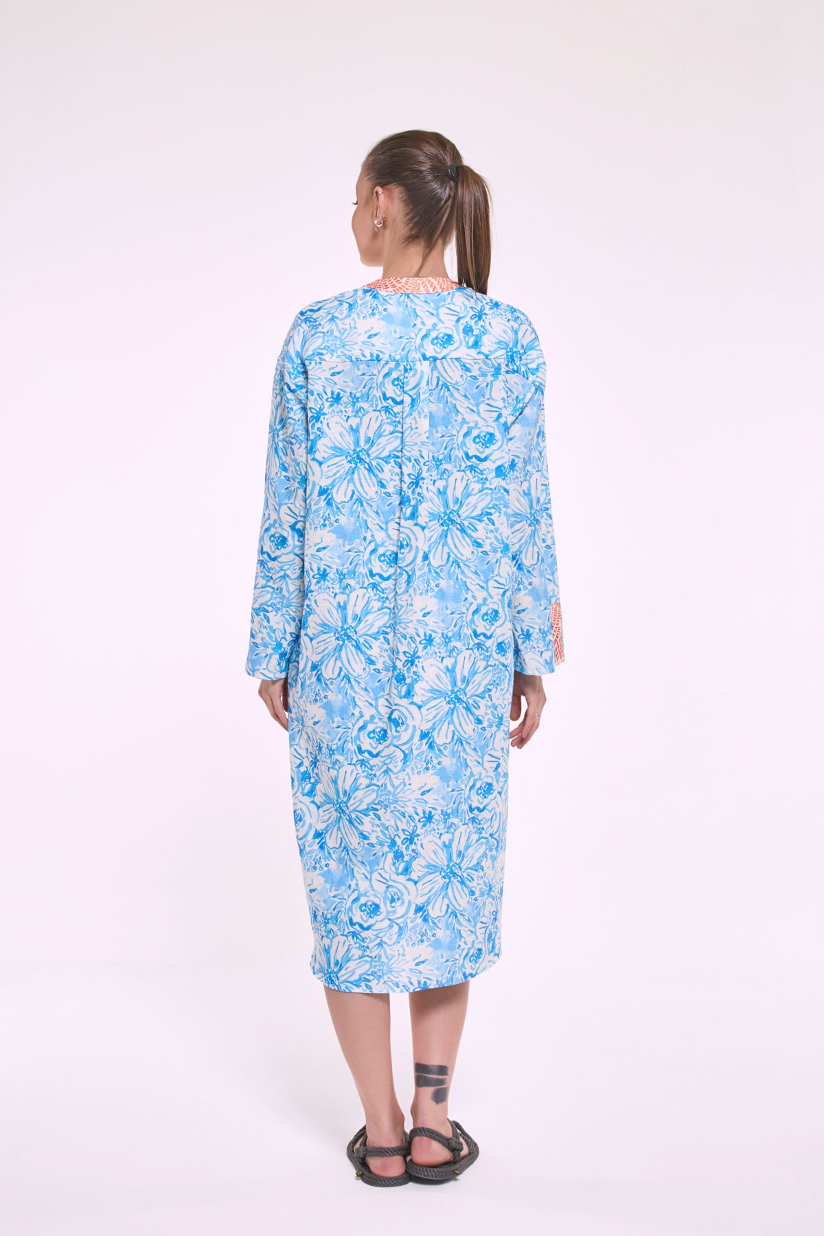 Dina blue floral shirt dress back view