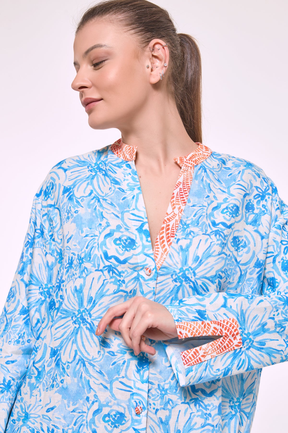 Dina blue floral shirt dress made from a breathable cotton linen blend