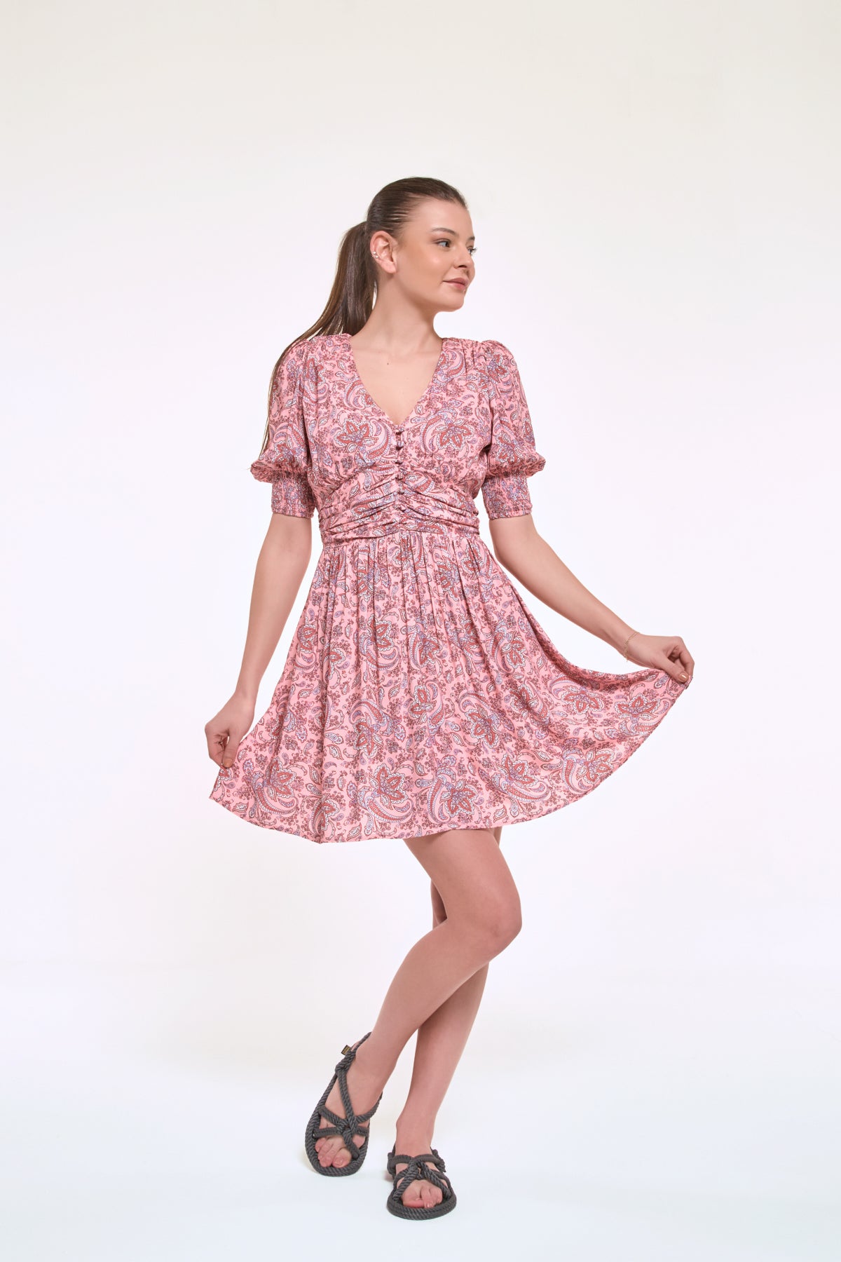 Donna salmon viscose mini dress with a flattering silhouette and soft flowing texture