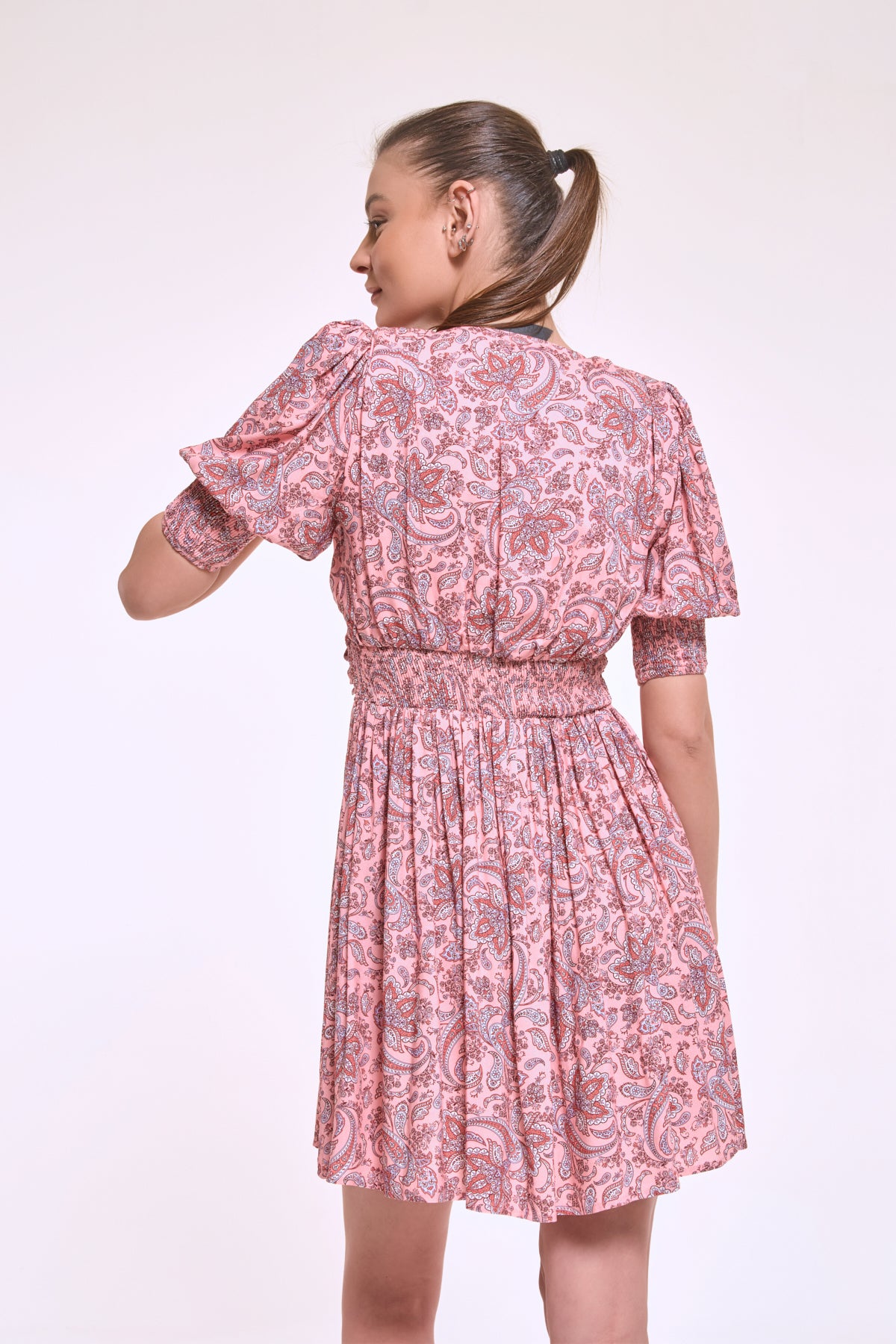 Back waist detail of Donna salmon dress with elastic fit