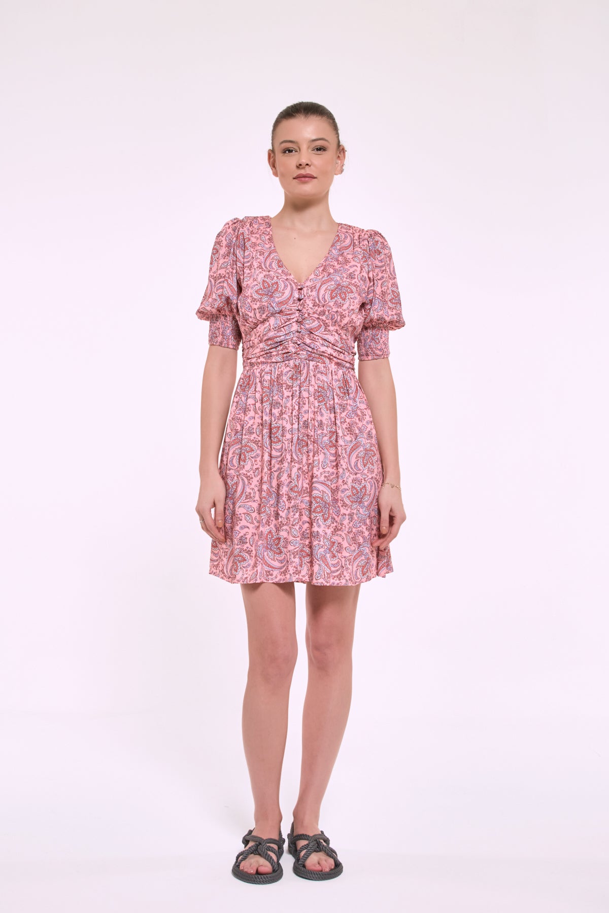 Donna salmon viscose mini dress with V neckline front view