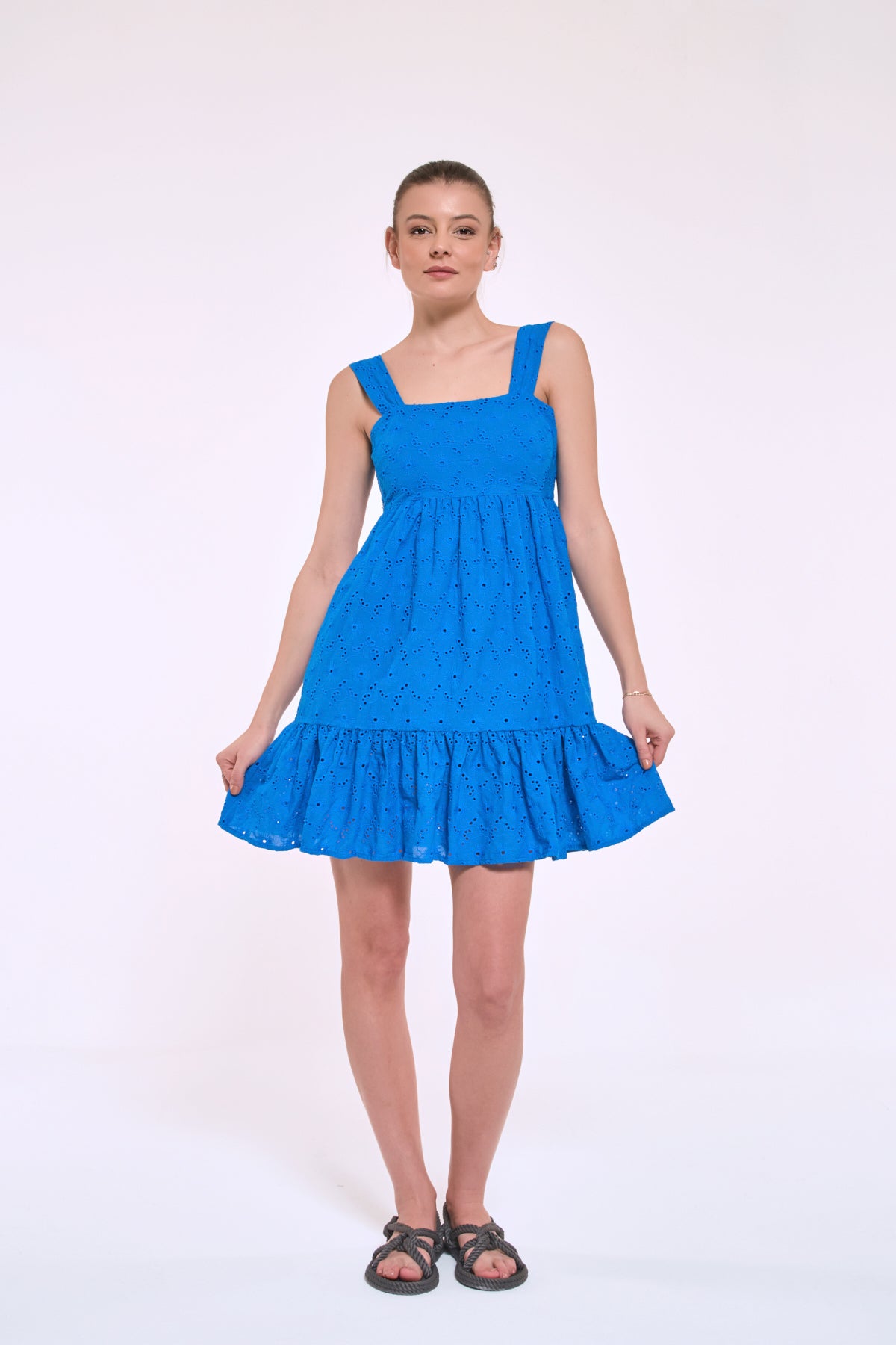 Emily blue broderie anglaise dress with a square neckline and effortless summer feel