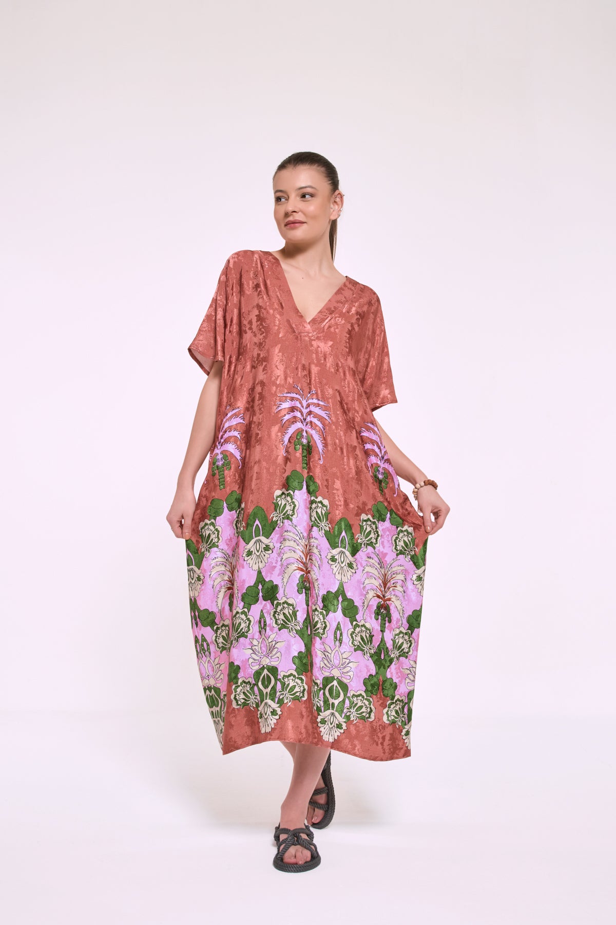 Dharma | Egzotik Desen Oversize Jakarlı Floş Viskon Kaftan Elbise