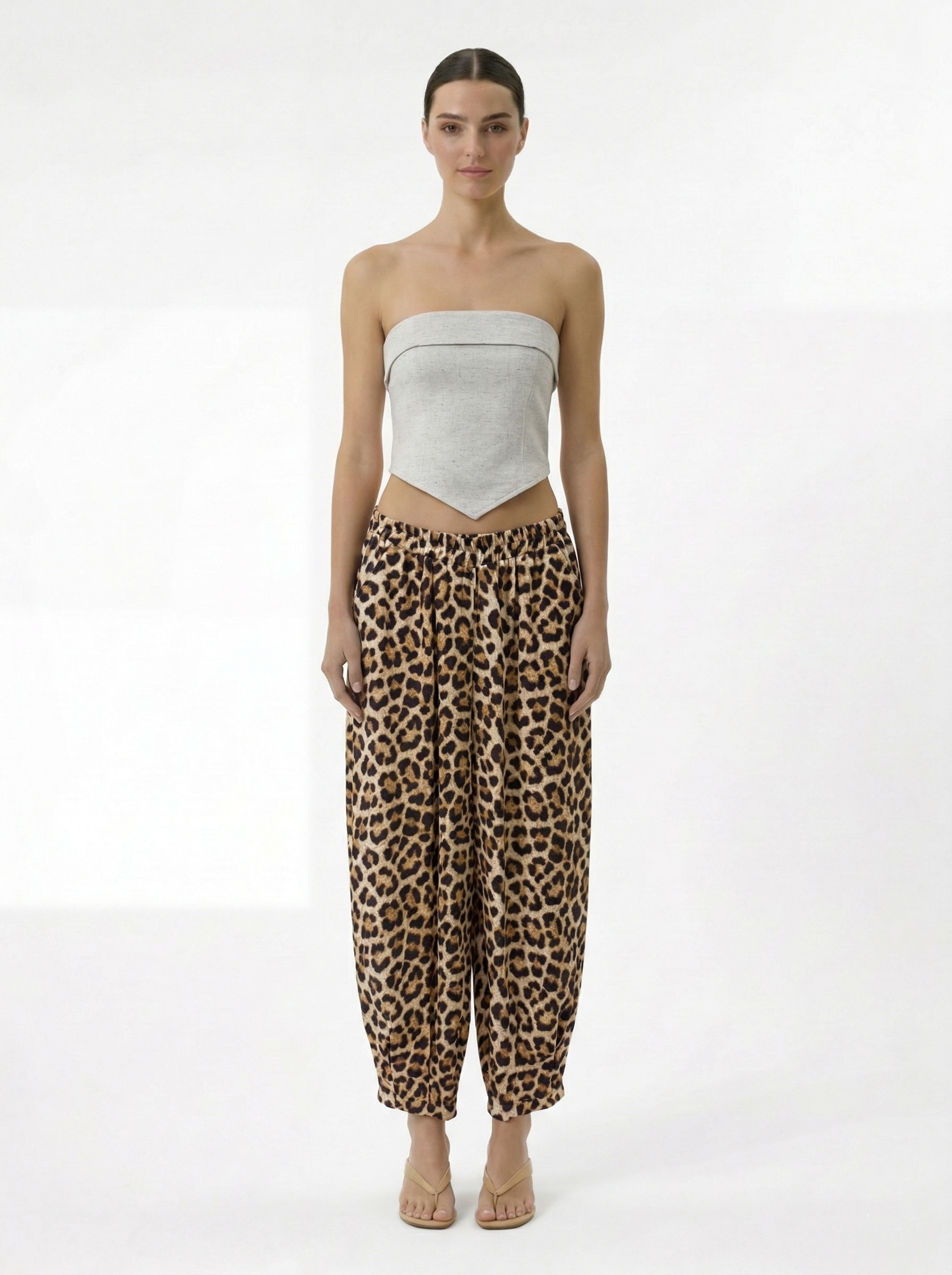 Leo leopard print muslin harem pants full look with strapless top